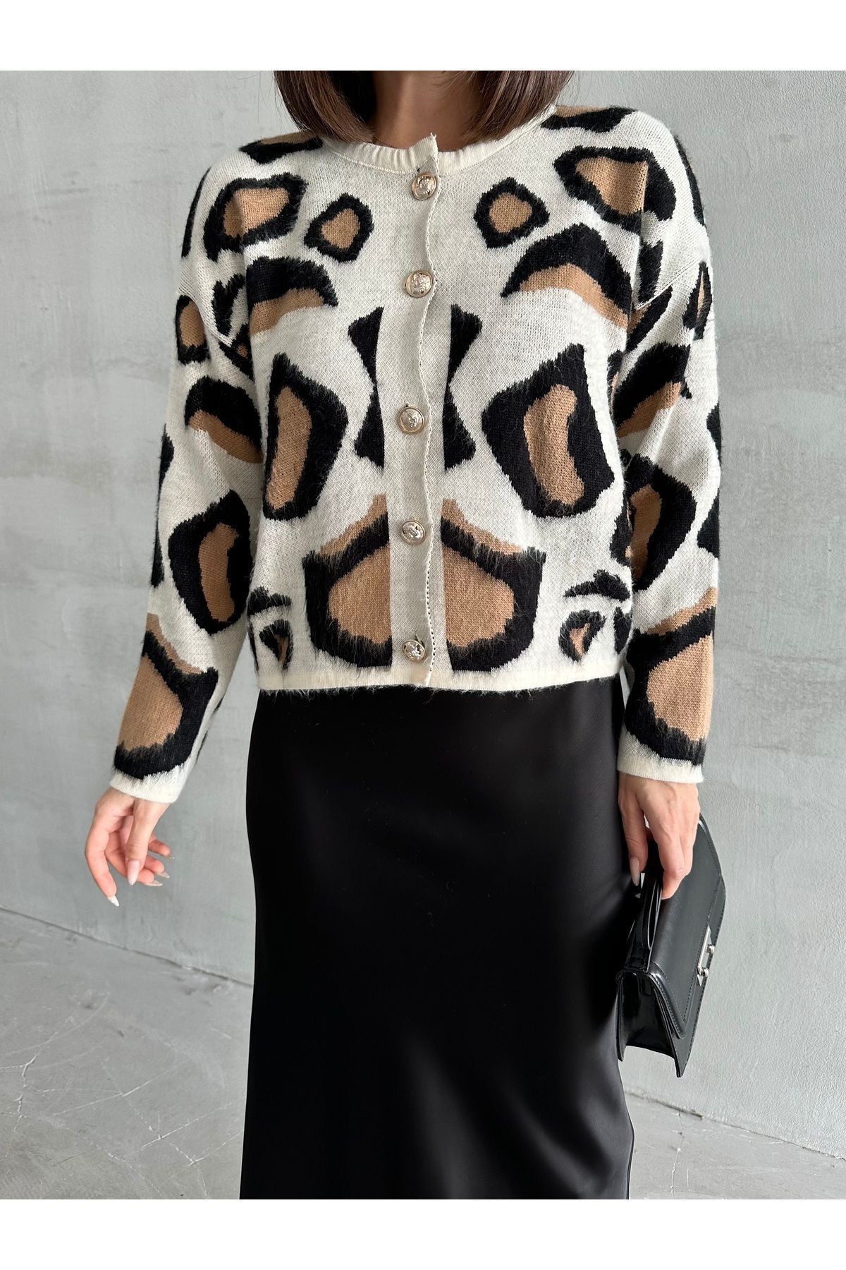 Kadın Leopar Desen Yumoş Hırka