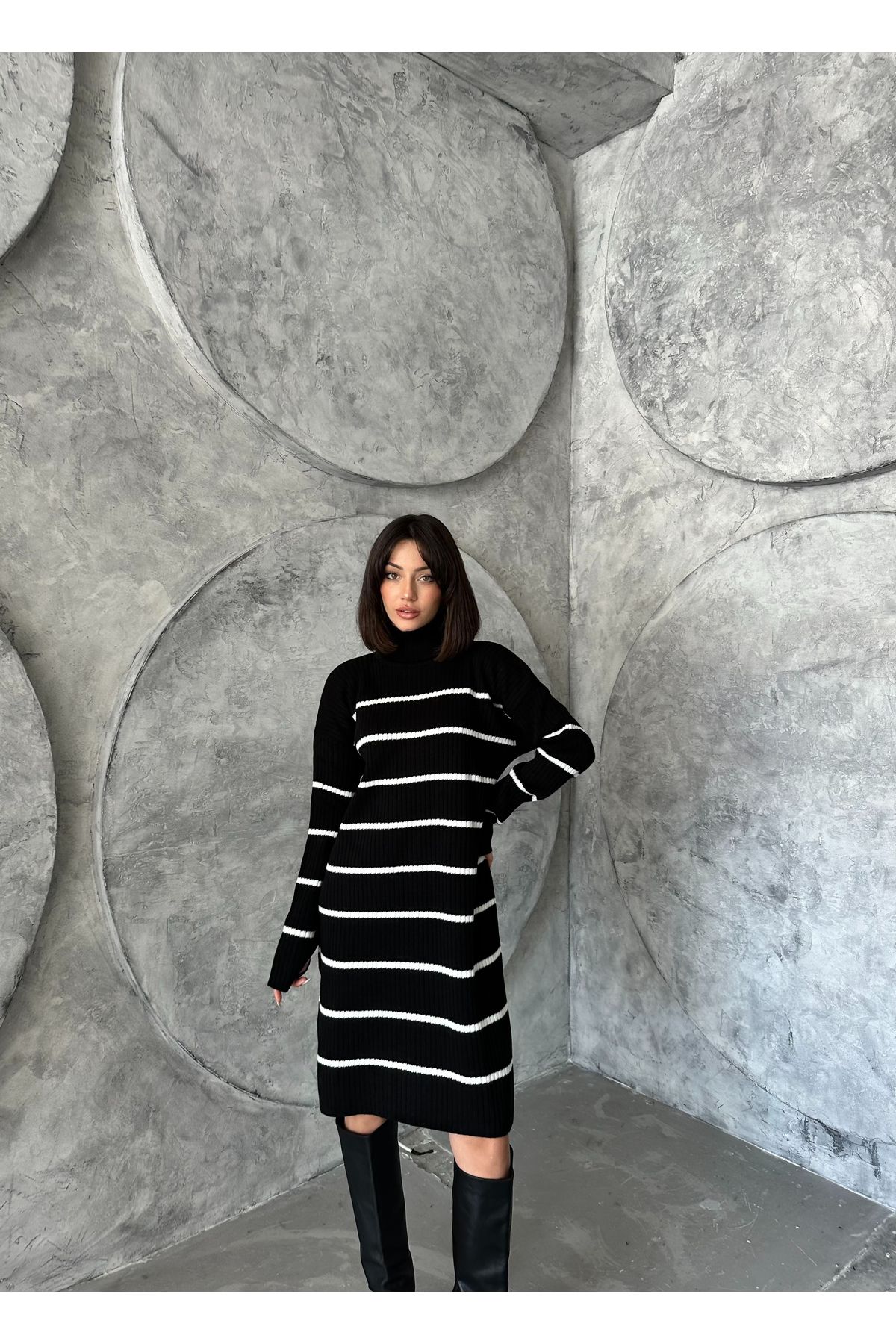 Kadın Çizgili Uzun Triko Elbise