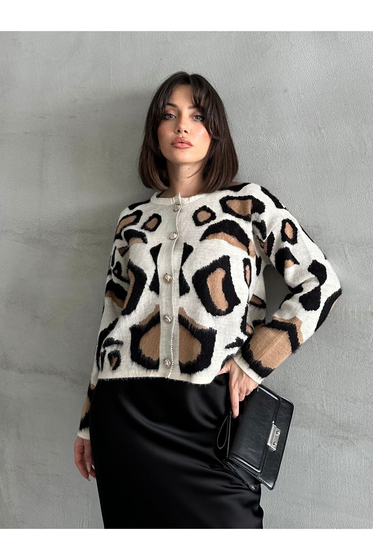 Kadın Leopar Desen Yumoş Hırka