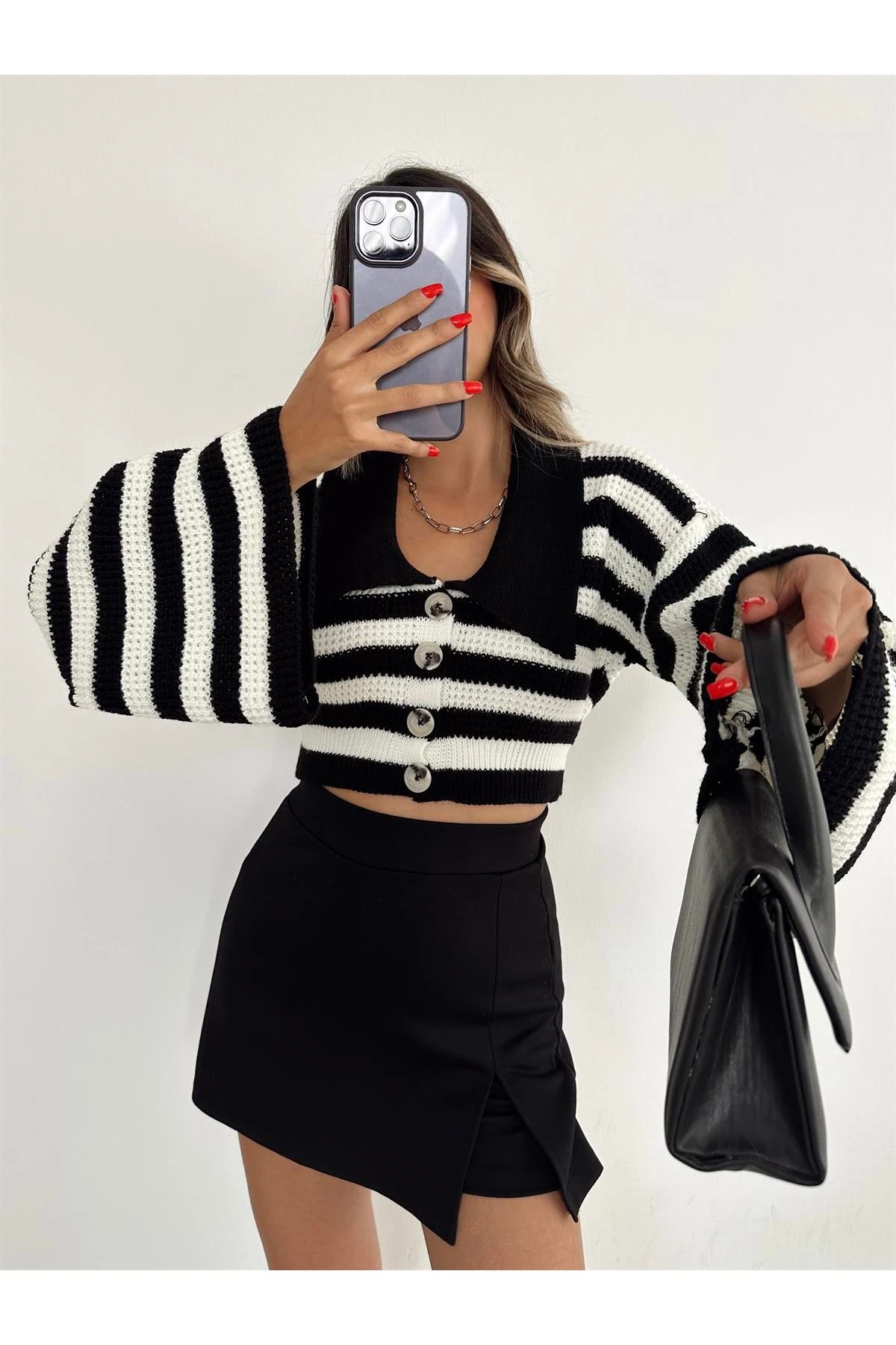Kadın İspanyol Kol Crop Çizgili triko hırka