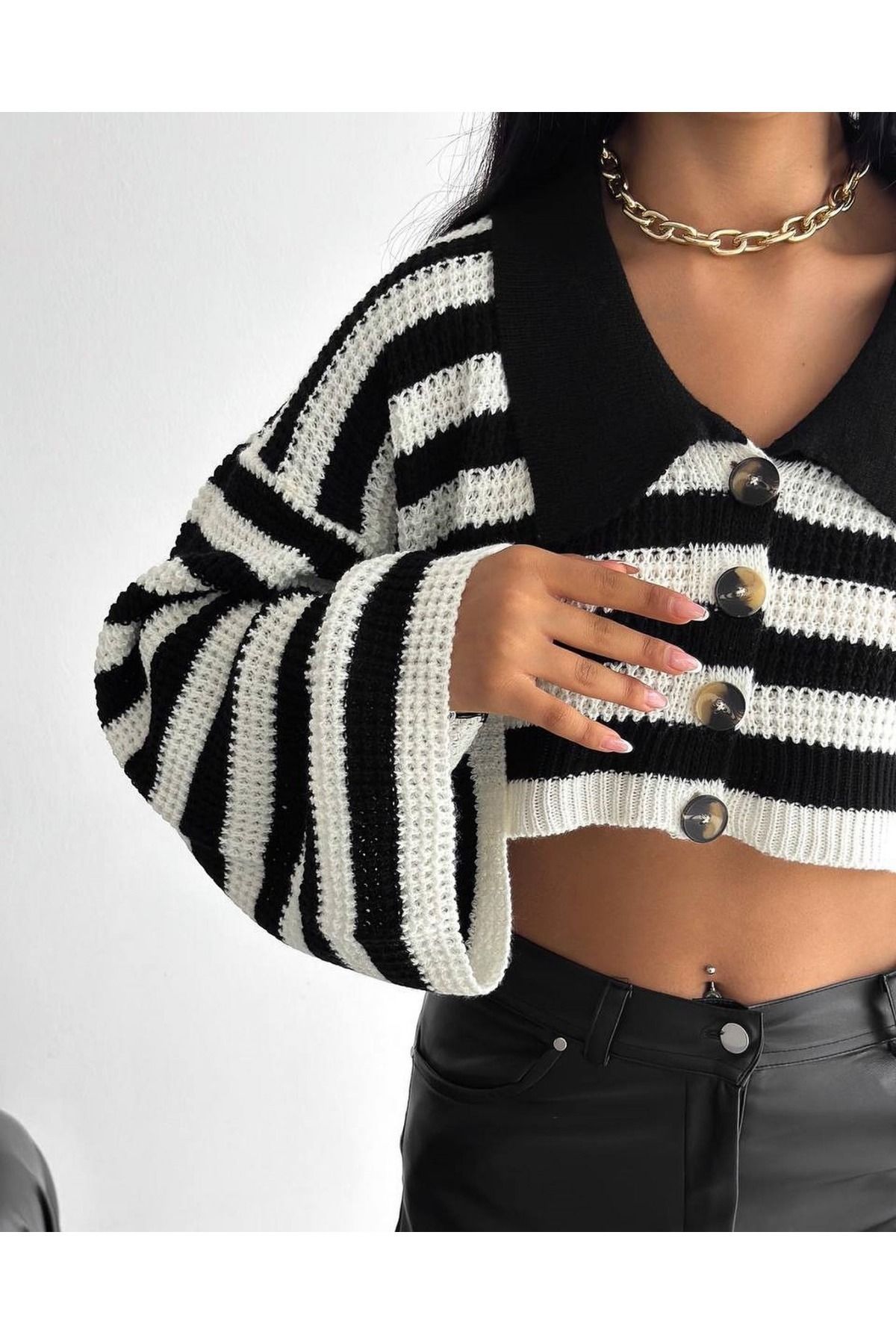 Kadın İspanyol Kol Crop Çizgili triko hırka