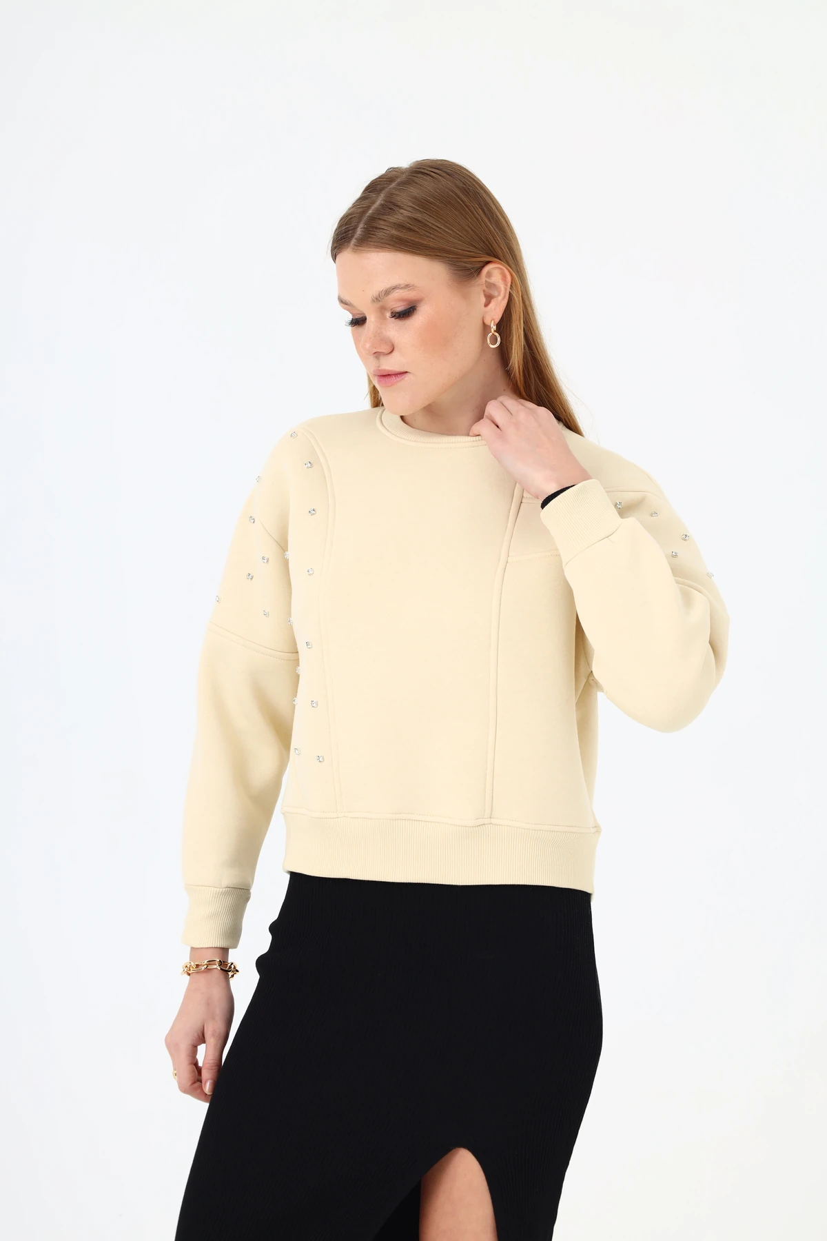 Kadın Taş Detaylı 3 İplik Sweatshirt