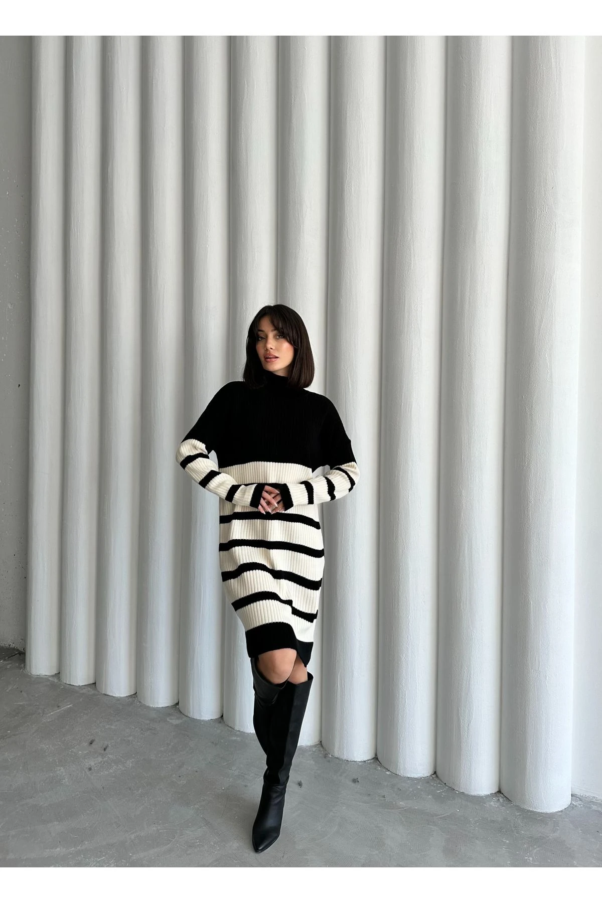 Kadın Çizgili Midi Boy Triko Elbise