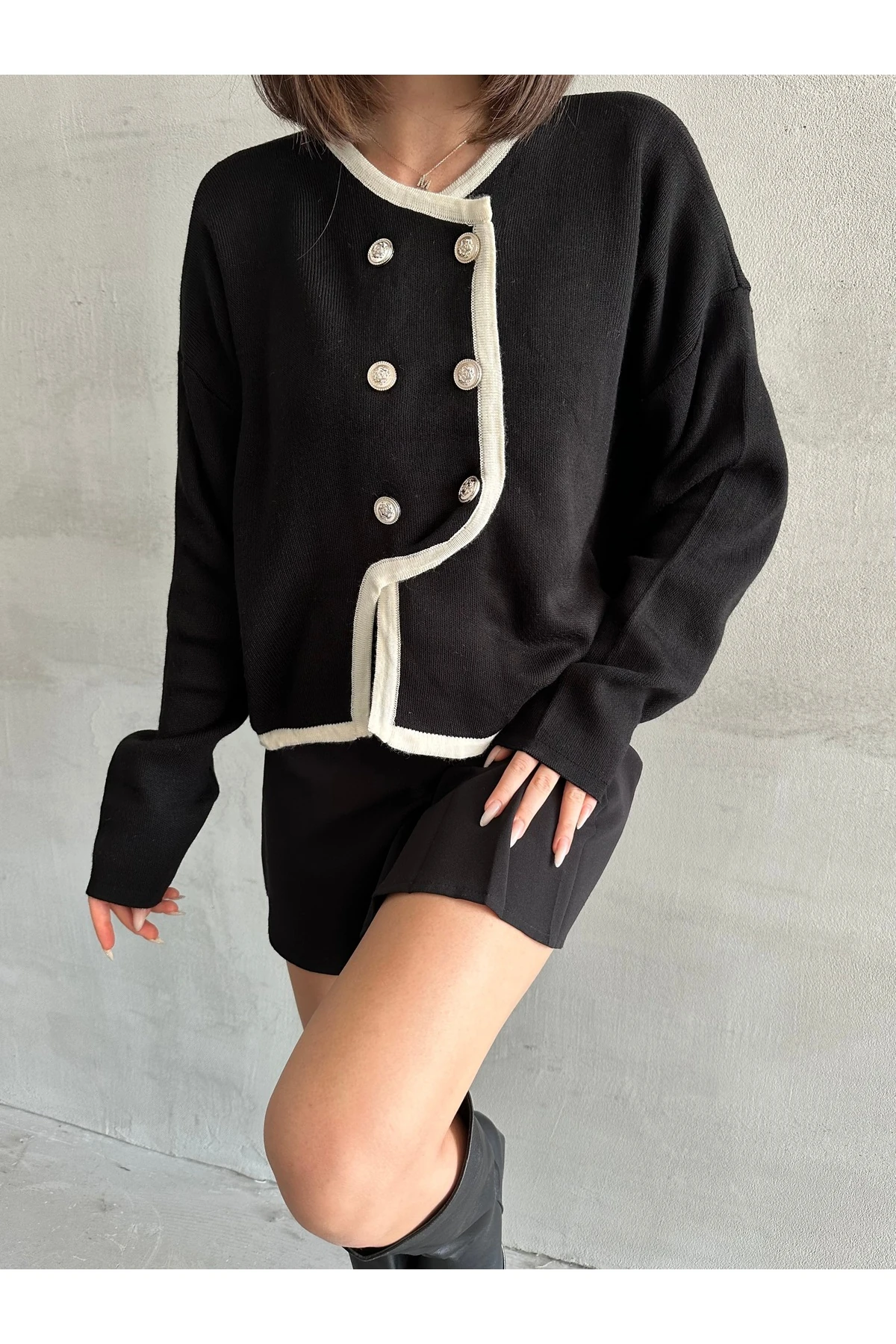 Kadın Zikzak Düğmeli Triko Hırka