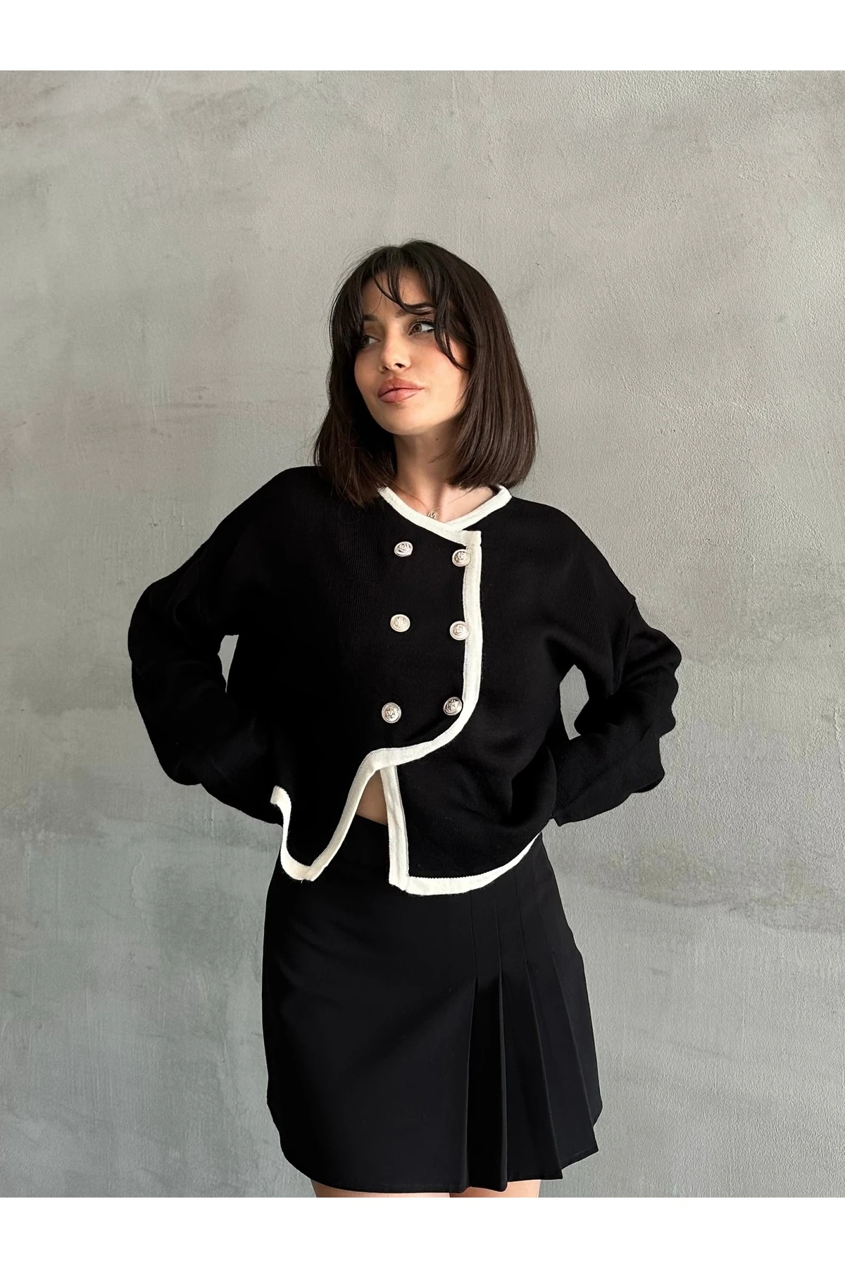 Kadın Zikzak Düğmeli Triko Hırka