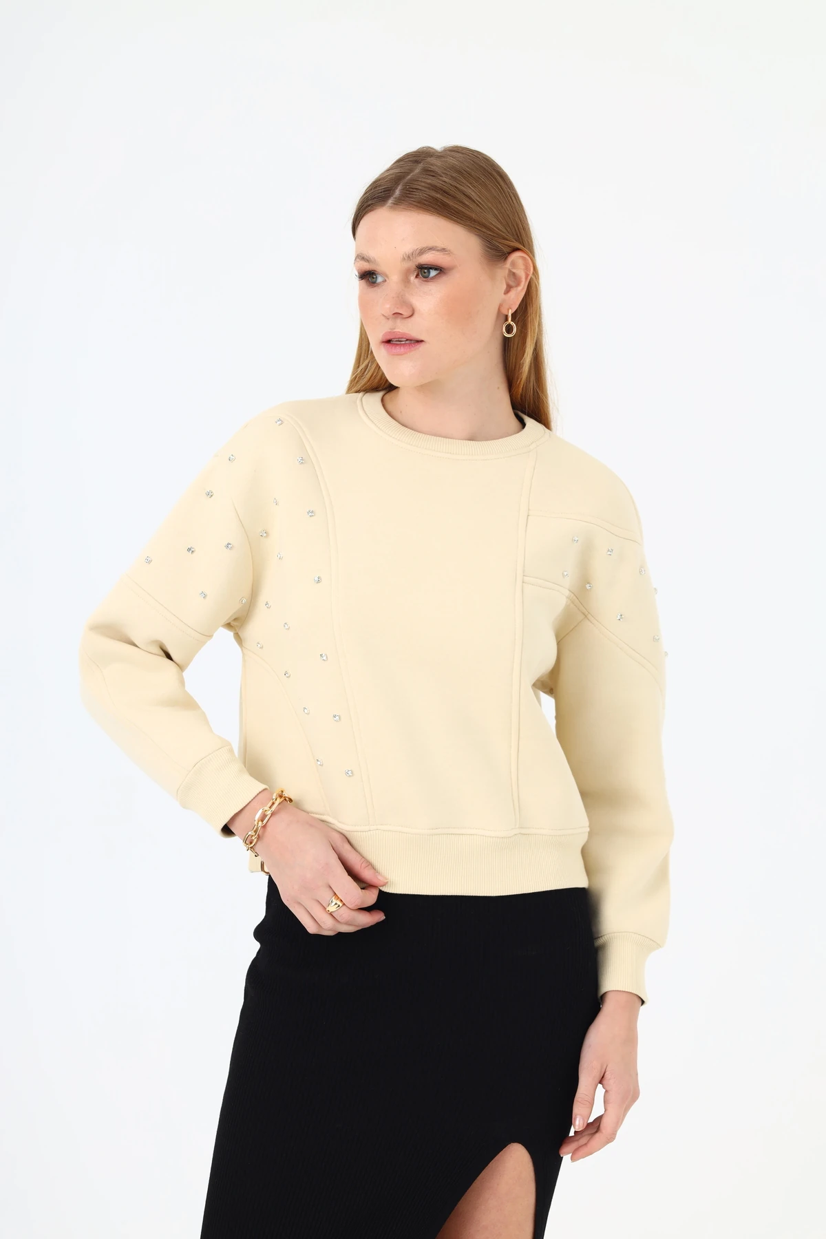 Kadın Taş Detaylı 3 İplik Sweatshirt