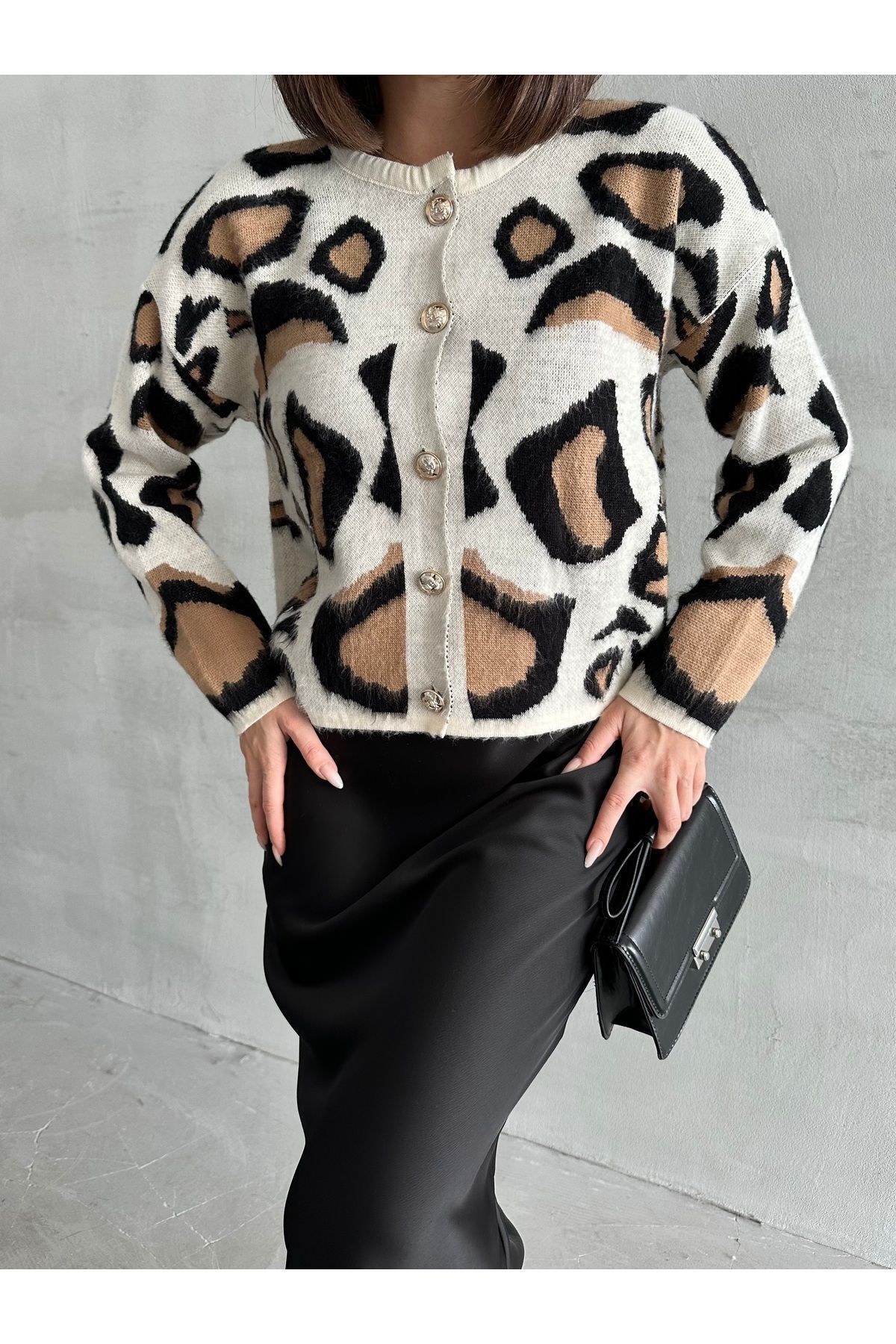 Kadın Leopar Desen Yumoş Hırka