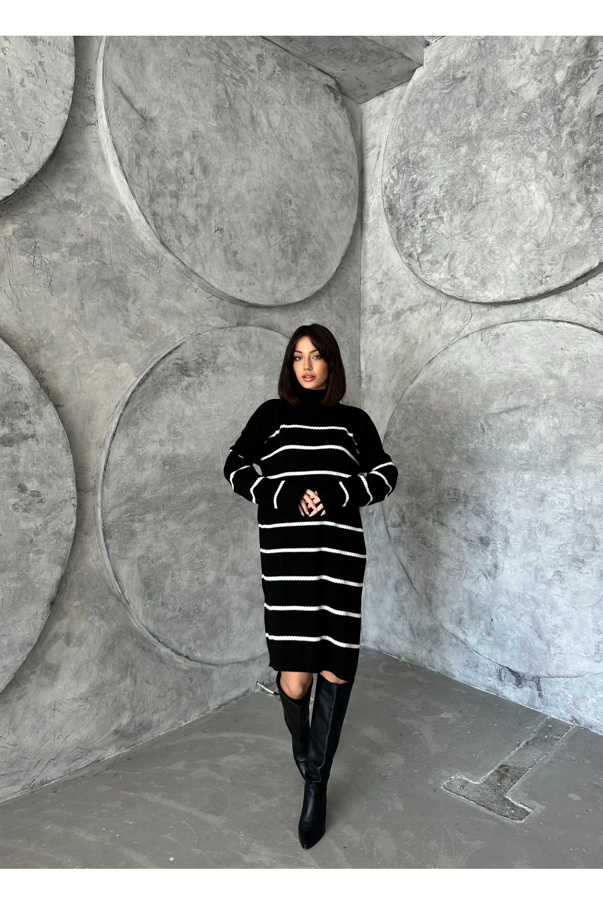 Kadın Çizgili Uzun Triko Elbise
