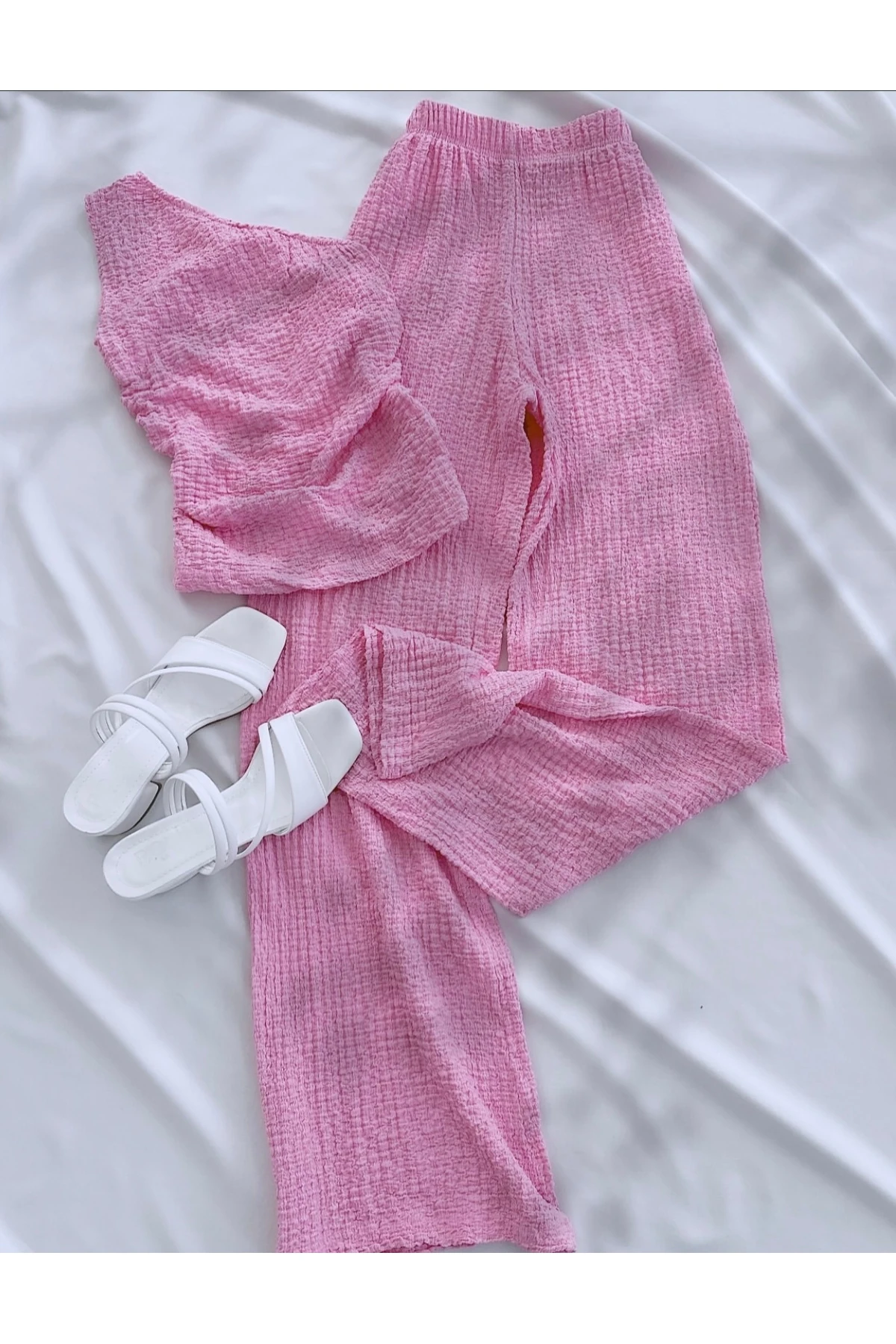 Kadın Gofre Kumaş Tek Kol Bluz Pantolon Takım