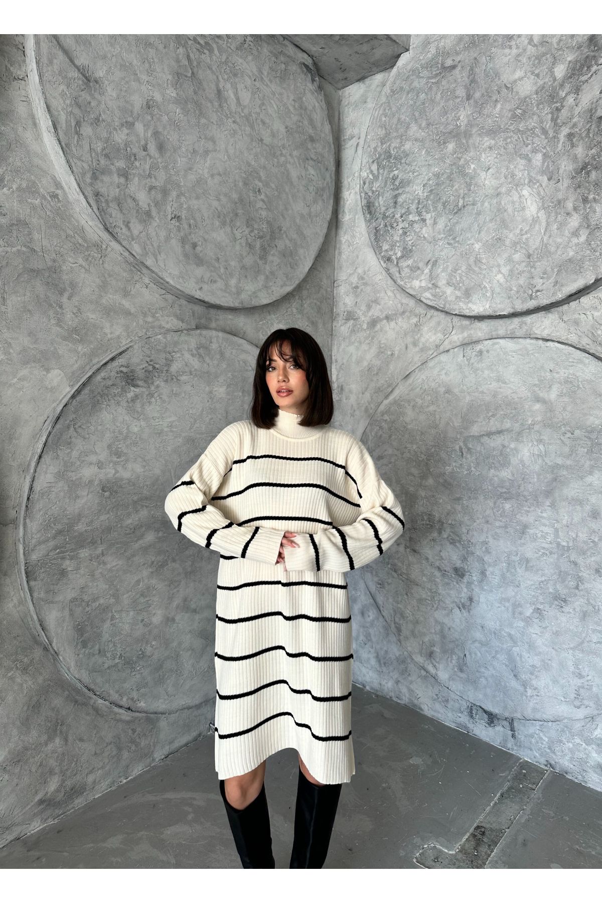 Kadın Çizgili Uzun Triko Elbise