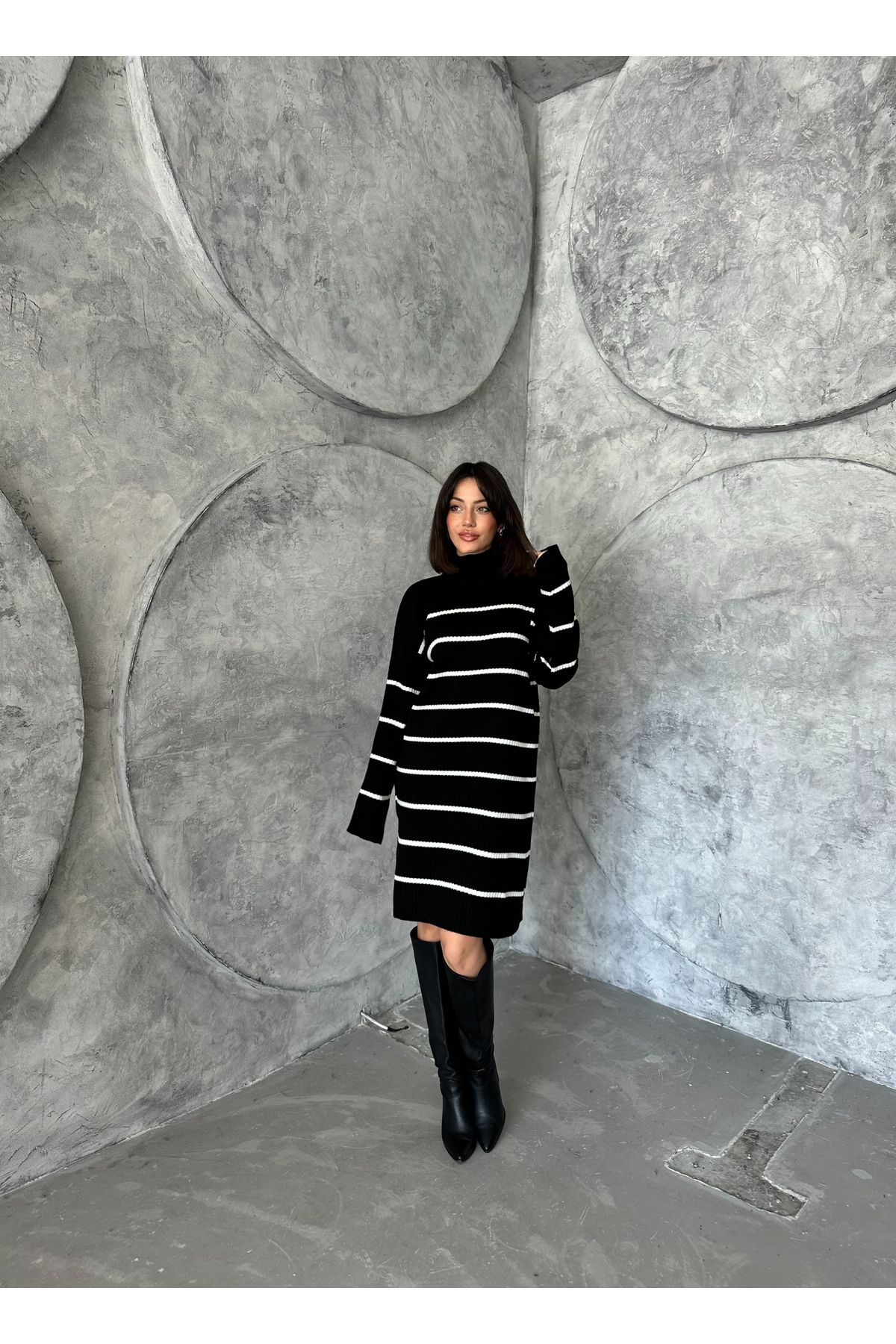Kadın Çizgili Uzun Triko Elbise