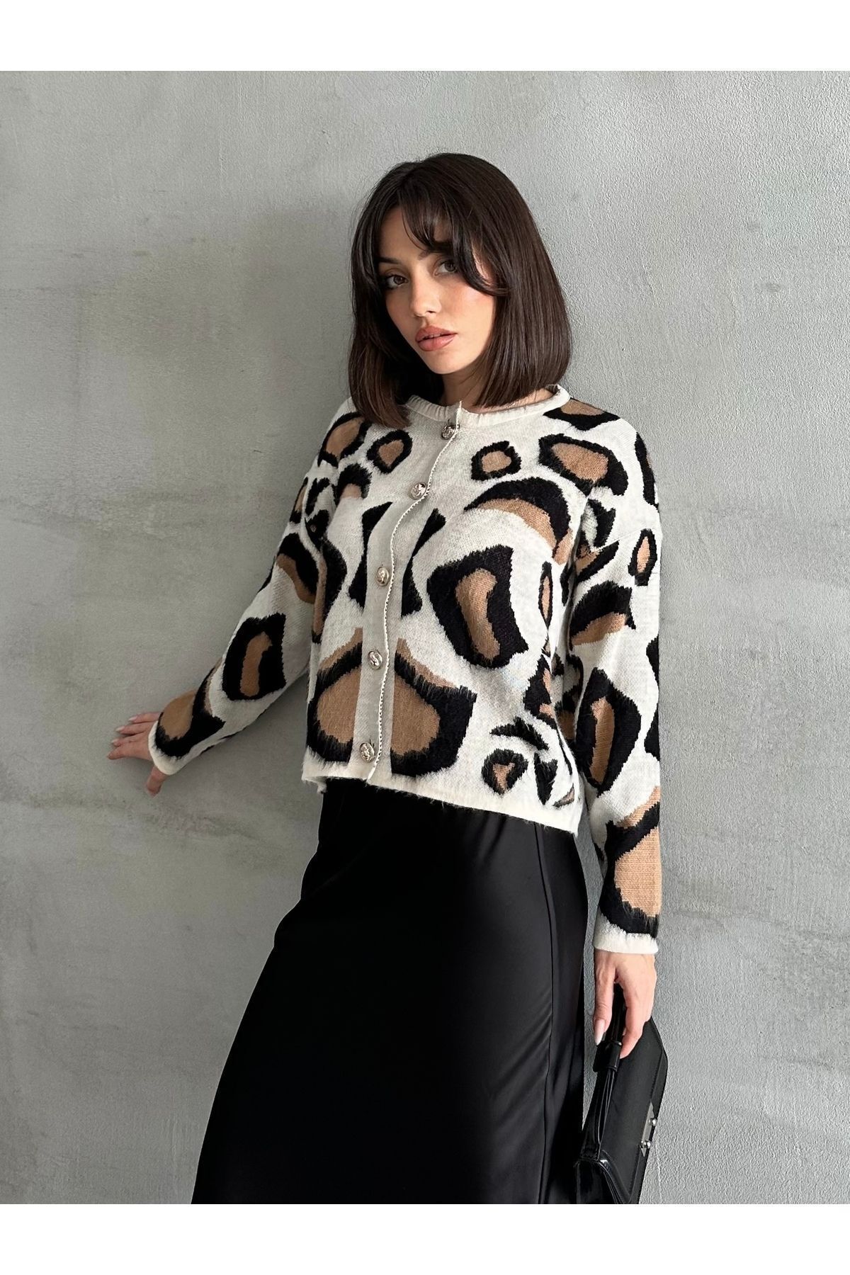 Kadın Leopar Desen Yumoş Hırka