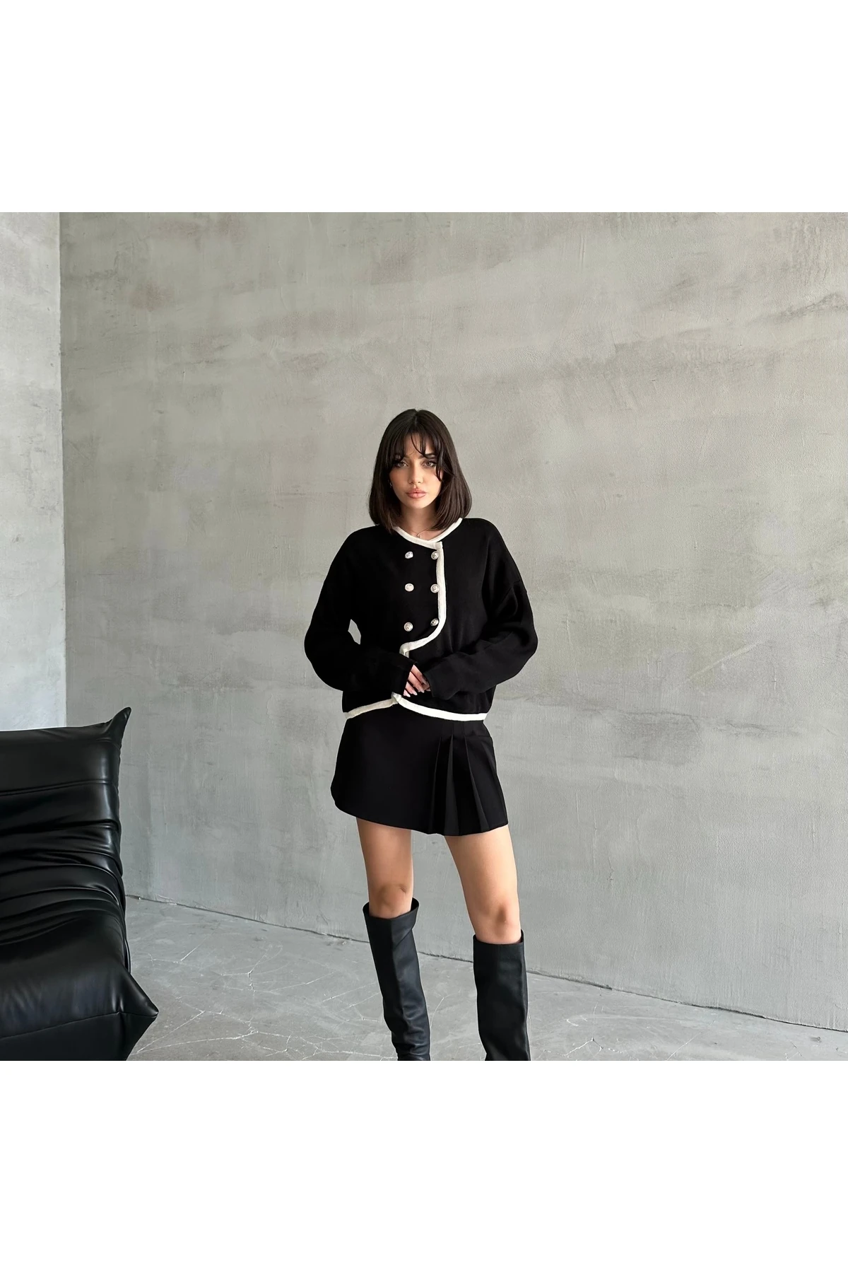 Kadın Zikzak Düğmeli Triko Hırka