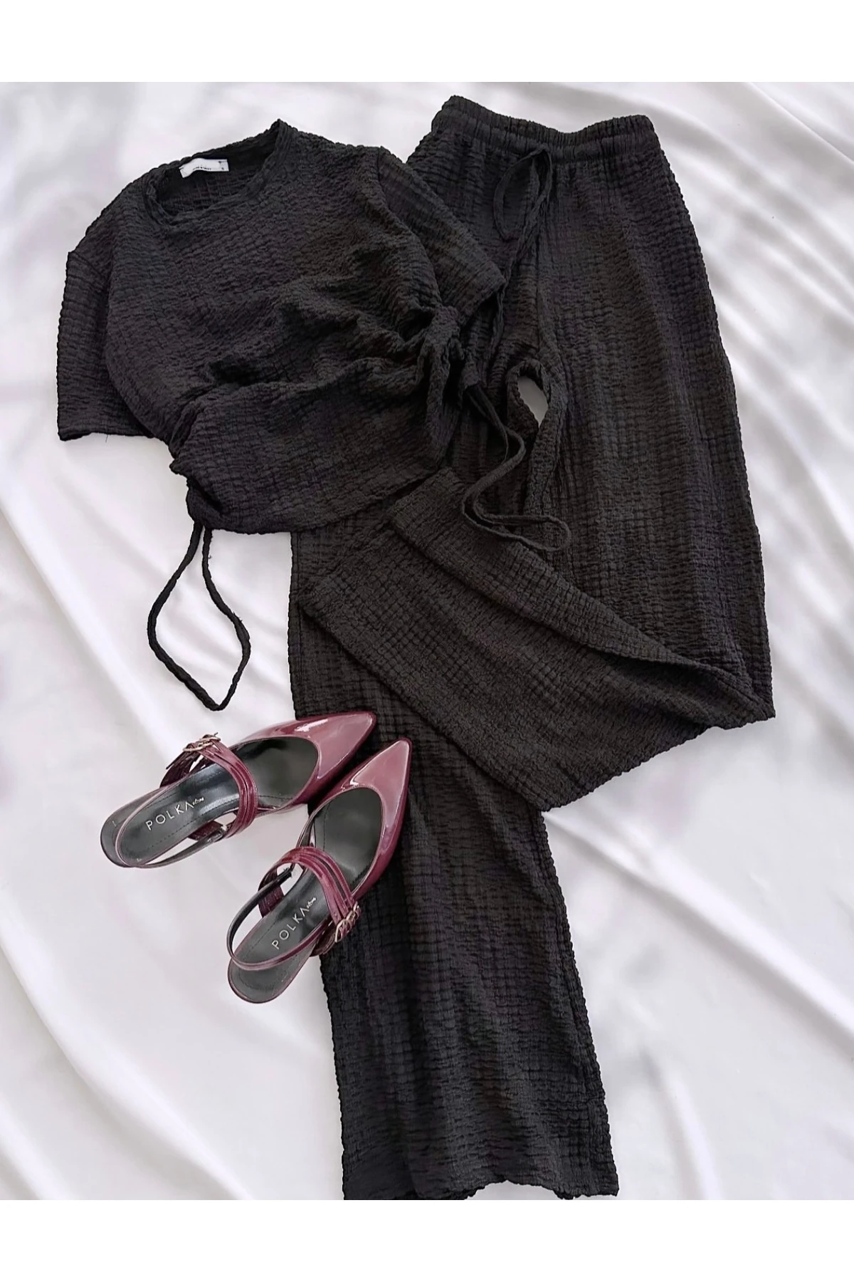 Kadın Gofre Kumaş Yandan Ayarlanabilir Bluz Pantolon Takım