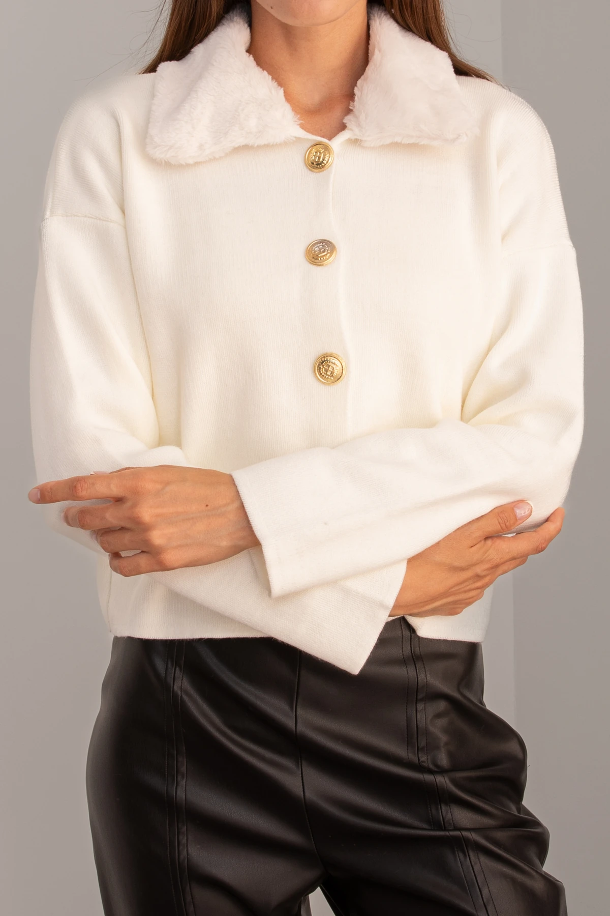 Kadın Düz Peluşlu Triko Hırka