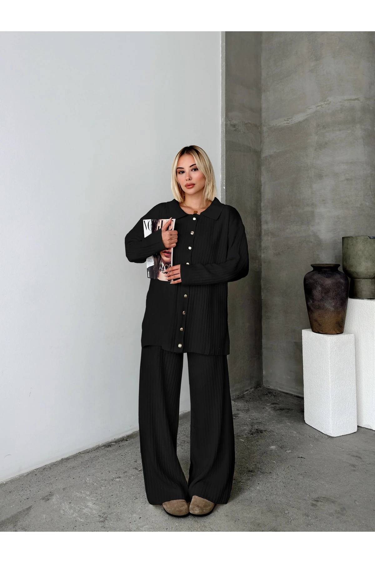 Kadın Triko Kazak Pantolon Metal Düğmeli Takım