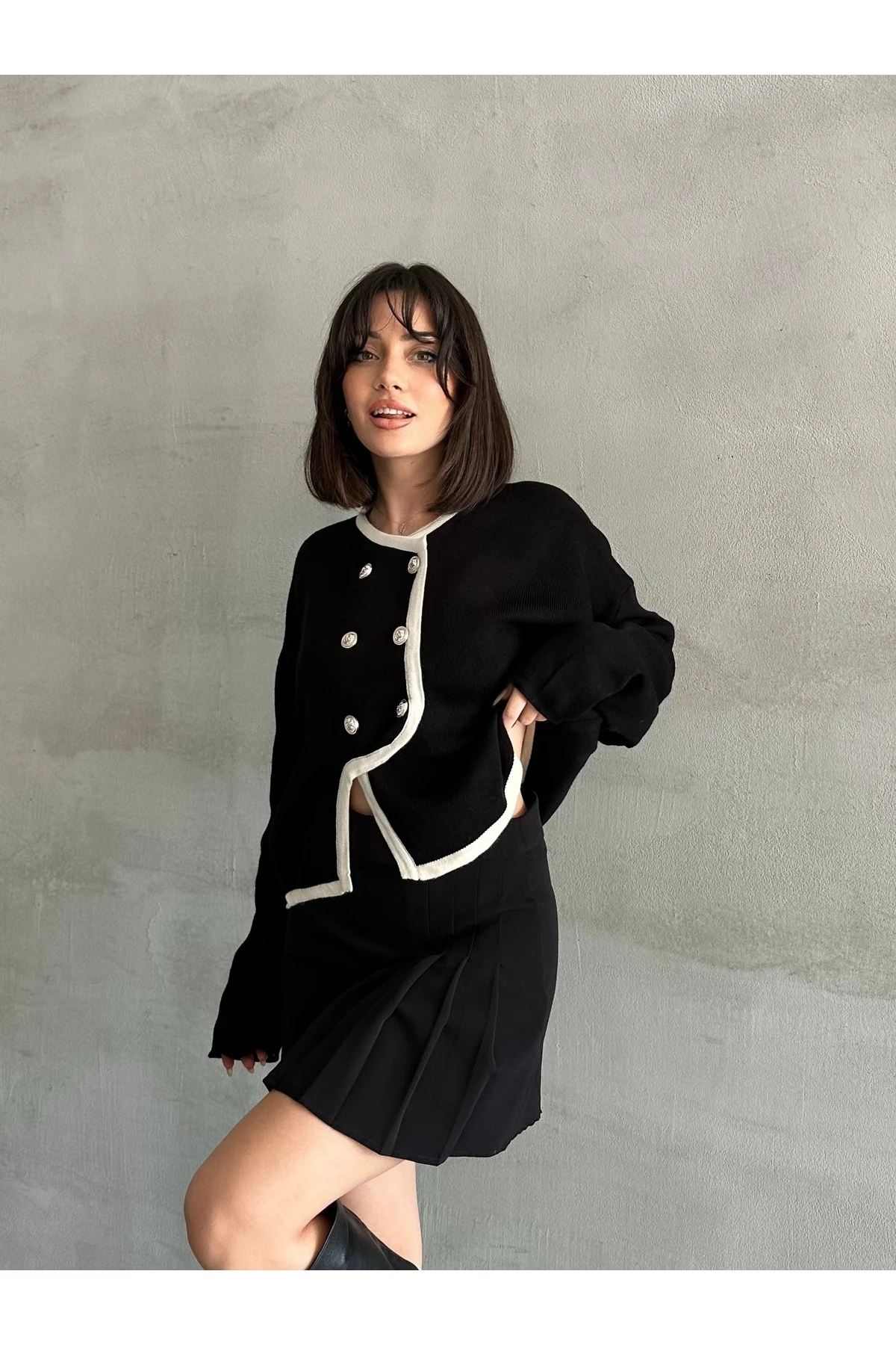 Kadın Zikzak Düğmeli Triko Hırka