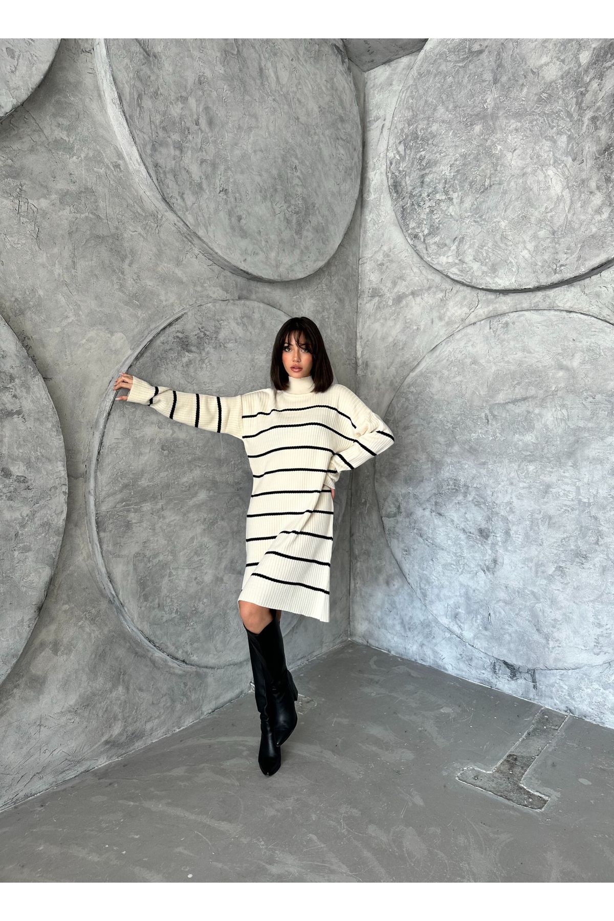 Kadın Çizgili Uzun Triko Elbise