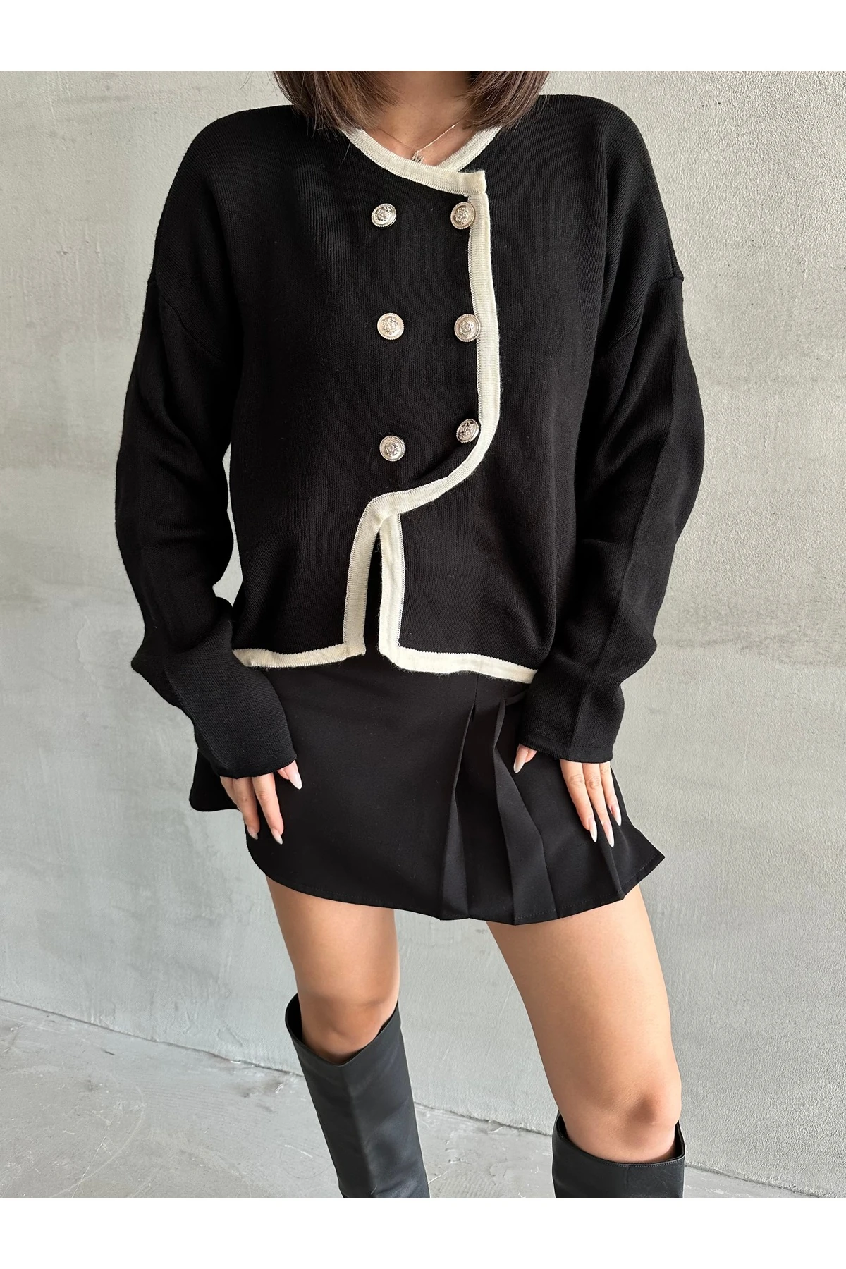 Kadın Zikzak Düğmeli Triko Hırka