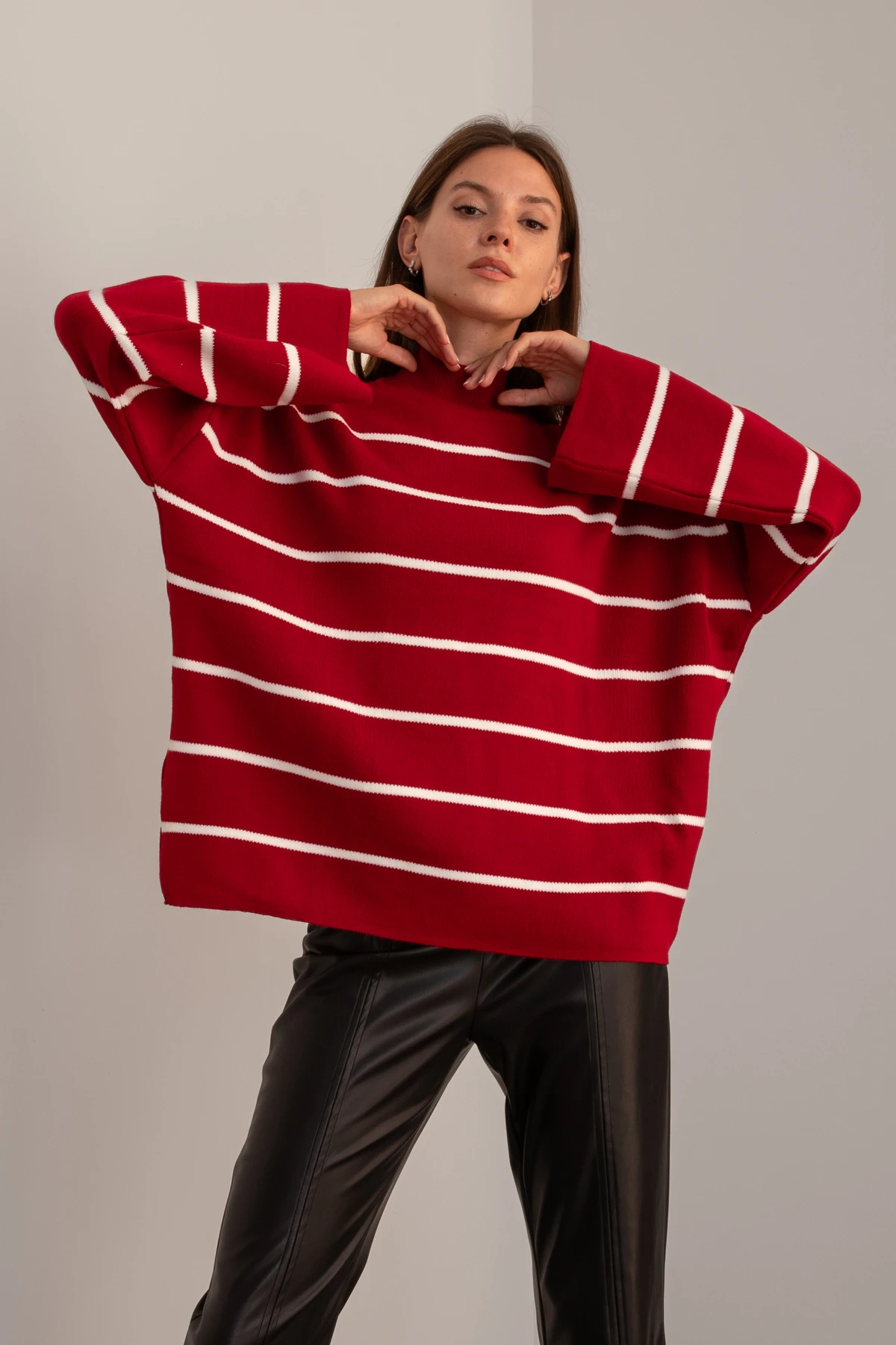Kadın Kırmızı Oversize Çizgili Yarım Balıkçı Yaka Triko Kazak, Çizgili Kazak, Kadın Kazak