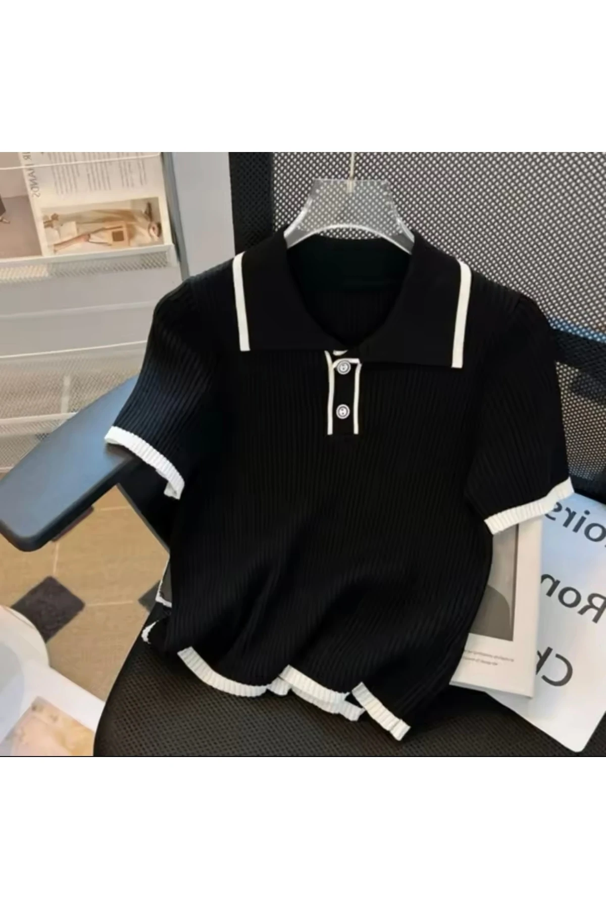 Kadın Polo Yaka Şeritli Düğmeli Triko Kadın T-shirt