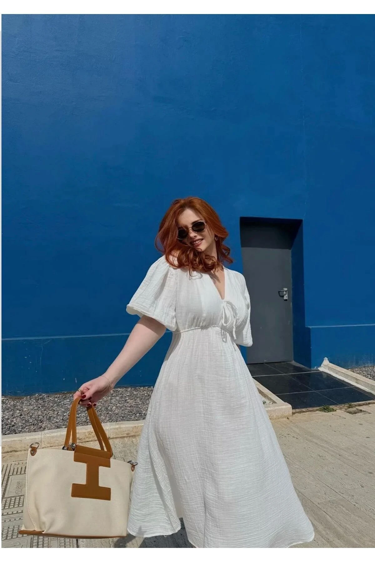 Kadın Basic Beyaz Keten Karışımlı Elbise