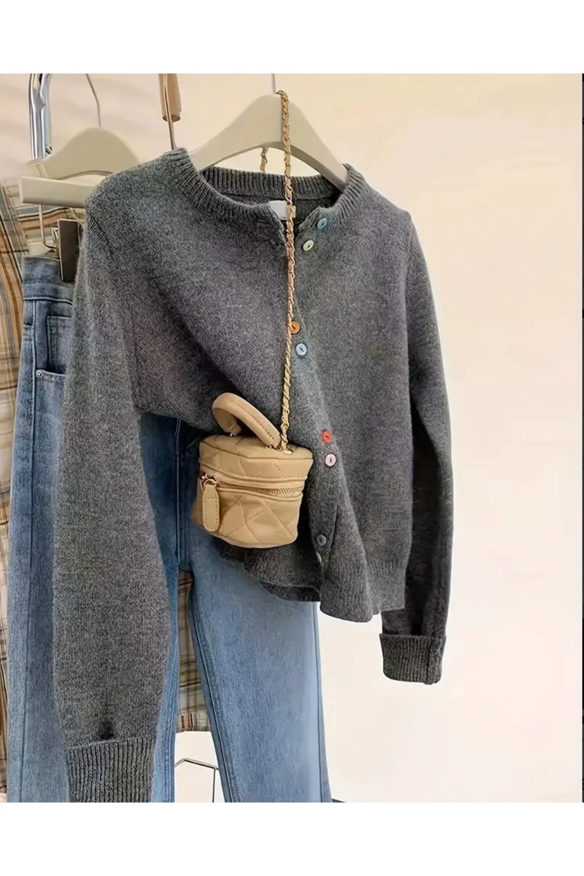 Kadın Antrasit Renkli Düğmeli Basic Triko Hırka