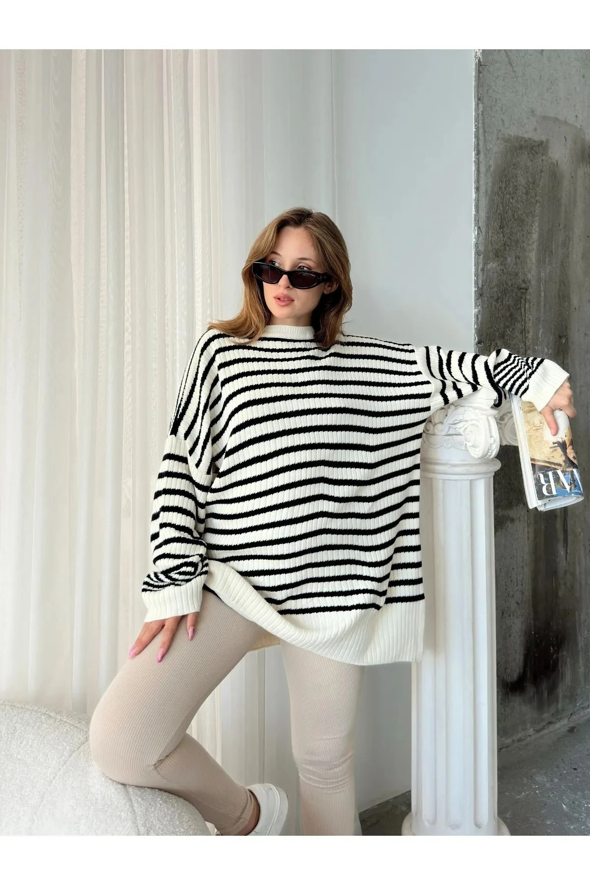 Kadın Oversize Çizgili Kazak