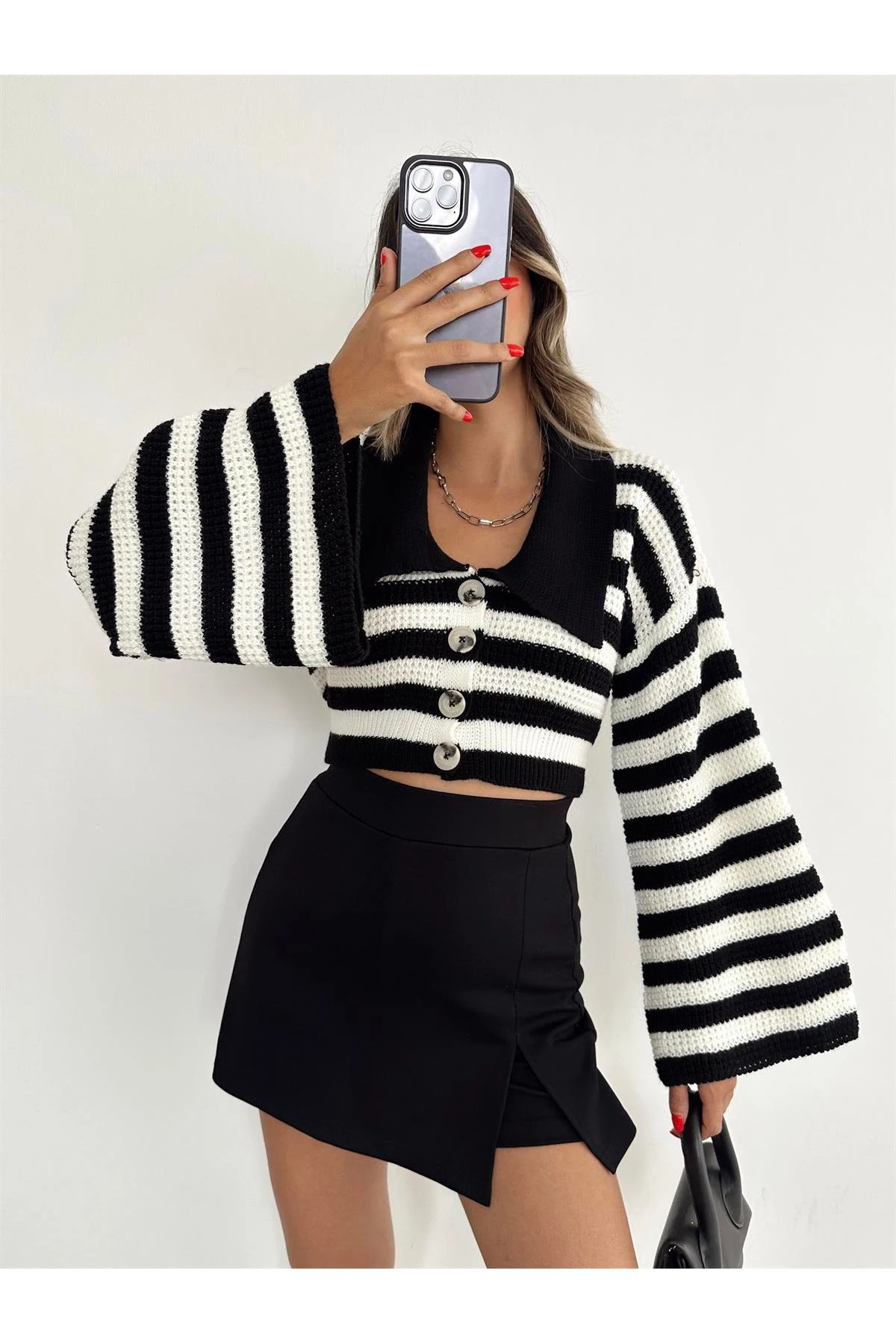 Kadın İspanyol Kol Crop Çizgili triko hırka