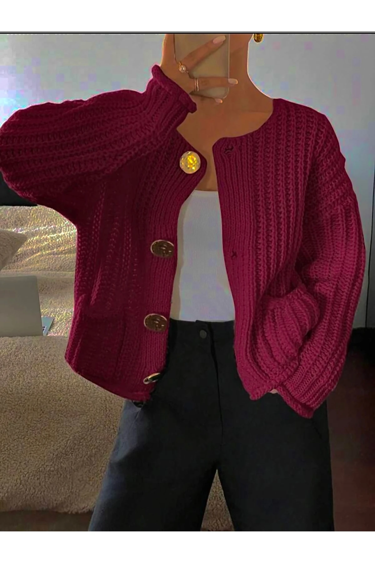 Kadın Bordo 4 Düğmeli Bisiklet Yaka Selanik Örgü Kaba Triko Hırka