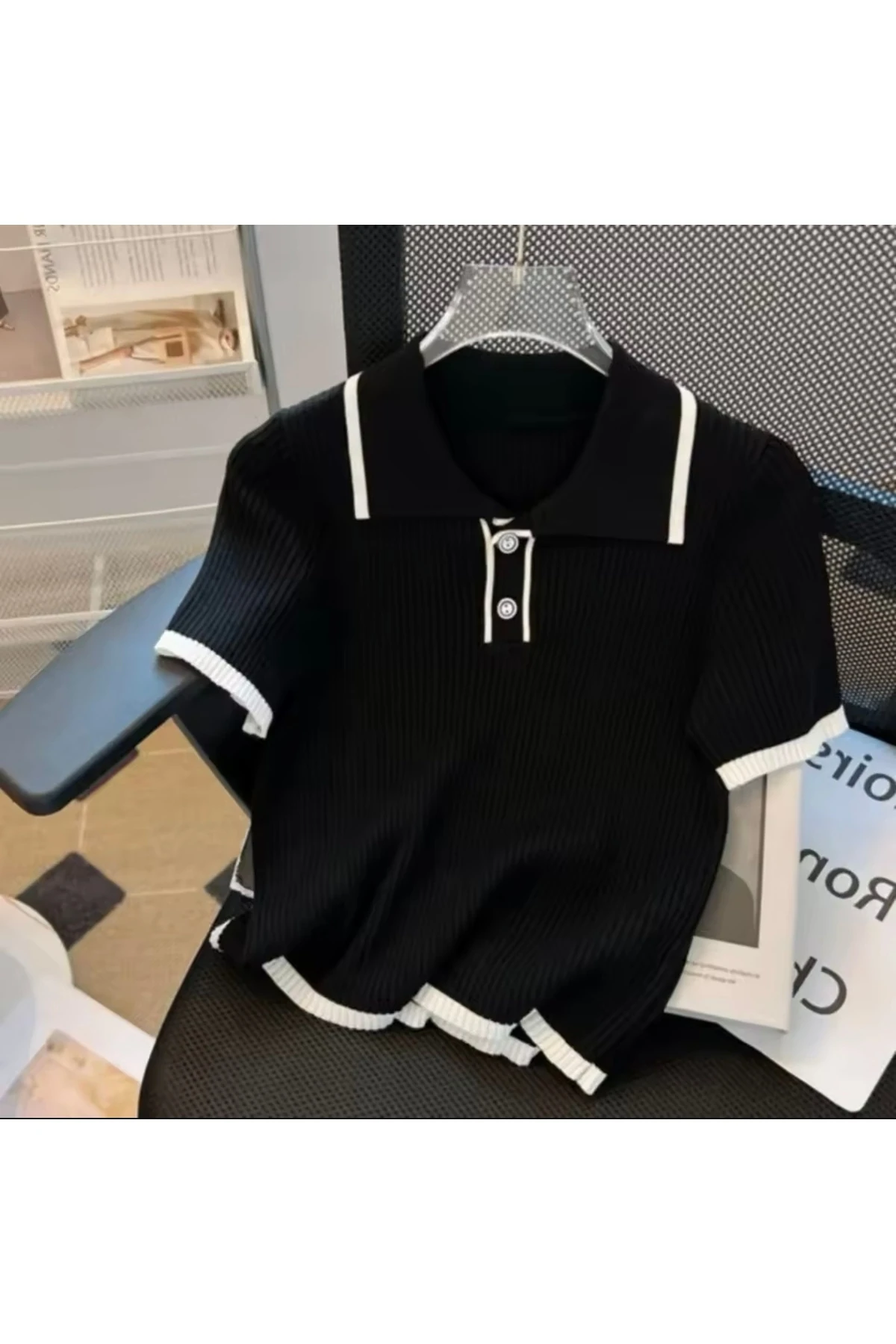 Polo Yaka Düğmeli Şerit Çizgili Basic Triko Kadın T-Shirt