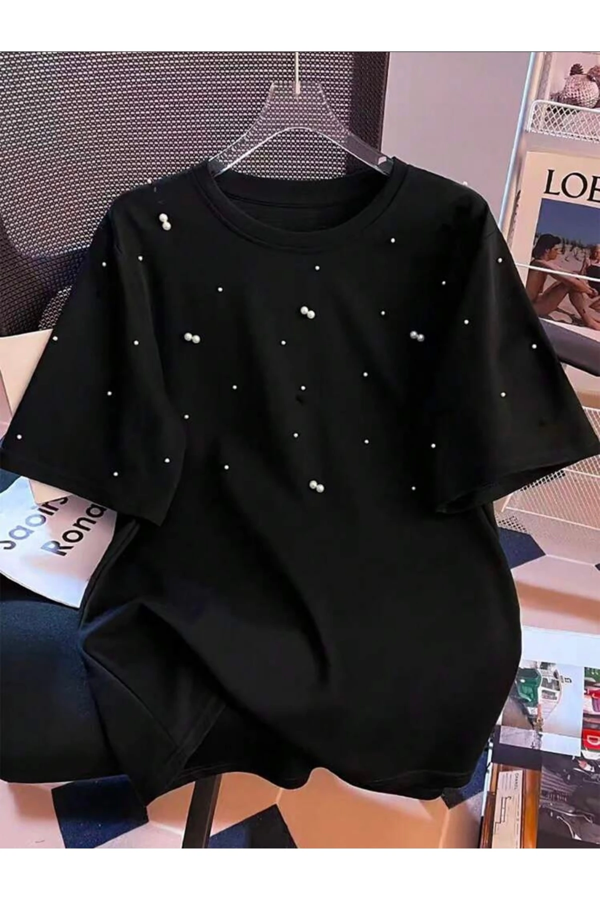 Kadın Siyah Inci Döşemeli Basic Bisiklet Yaka Tişört