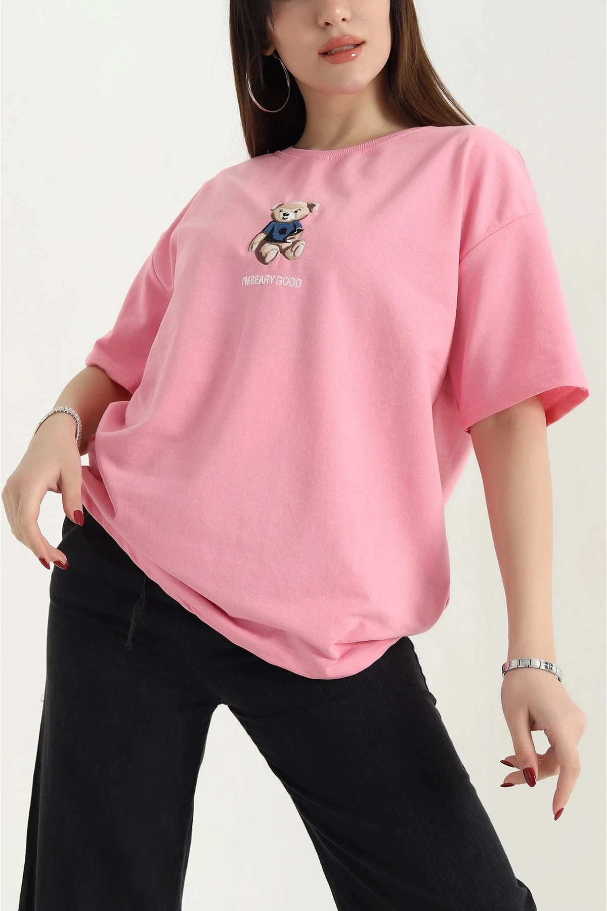 Kadın Ayıcık Nakışlı Bisiklet Yaka İki İplik Oversize Tişört