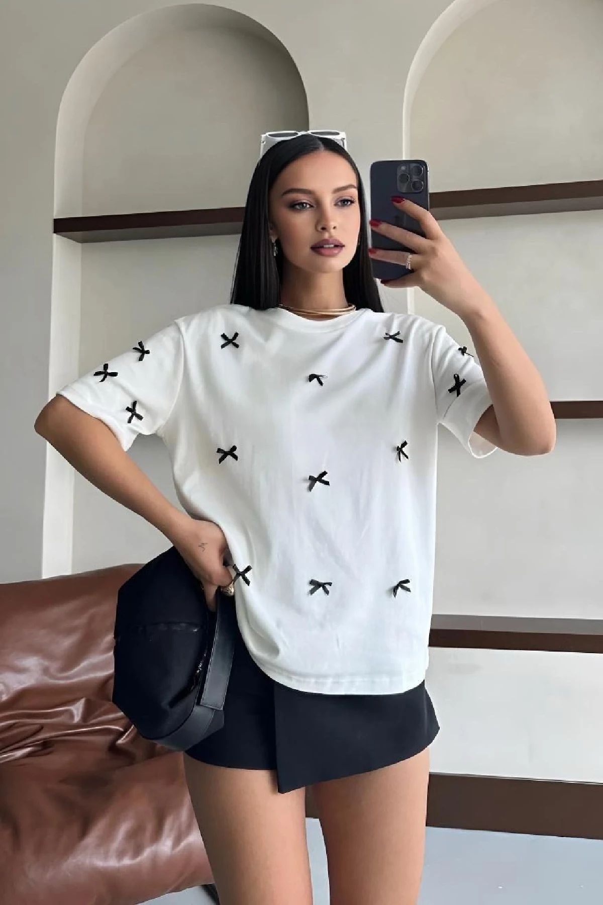 Kadın Fiyonklu Oversize Bisiklet Yaka T-Shirt