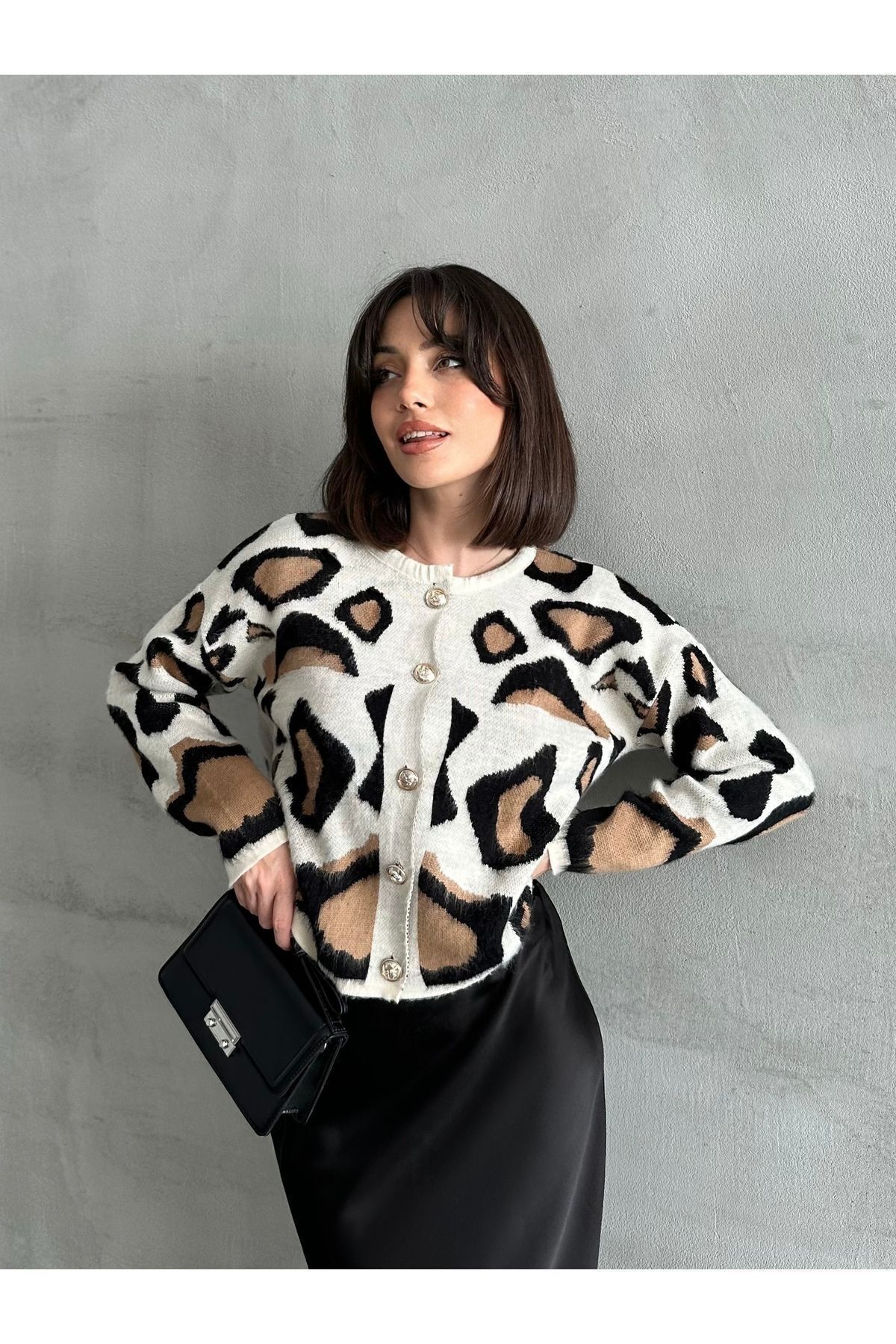 Kadın Leopar Desen Yumoş Hırka