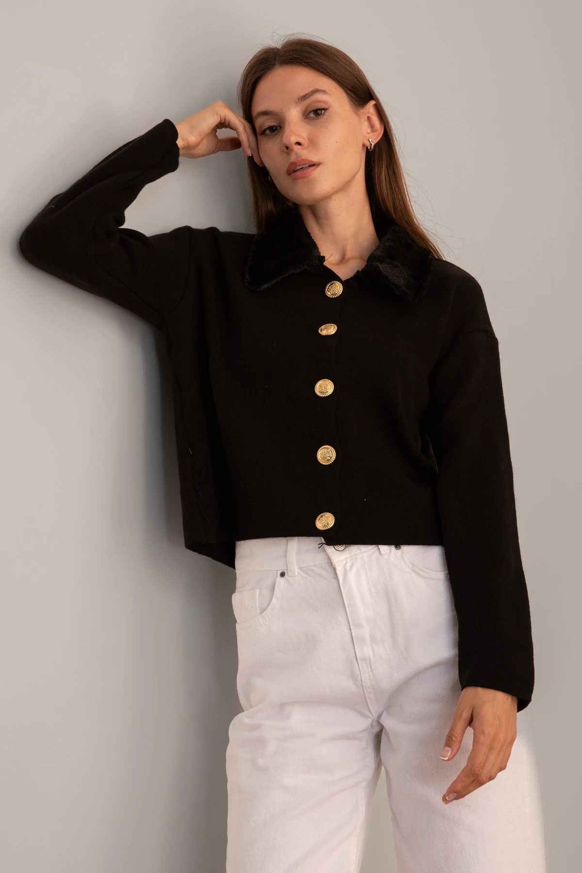 Kadın Düz Peluşlu Triko Hırka