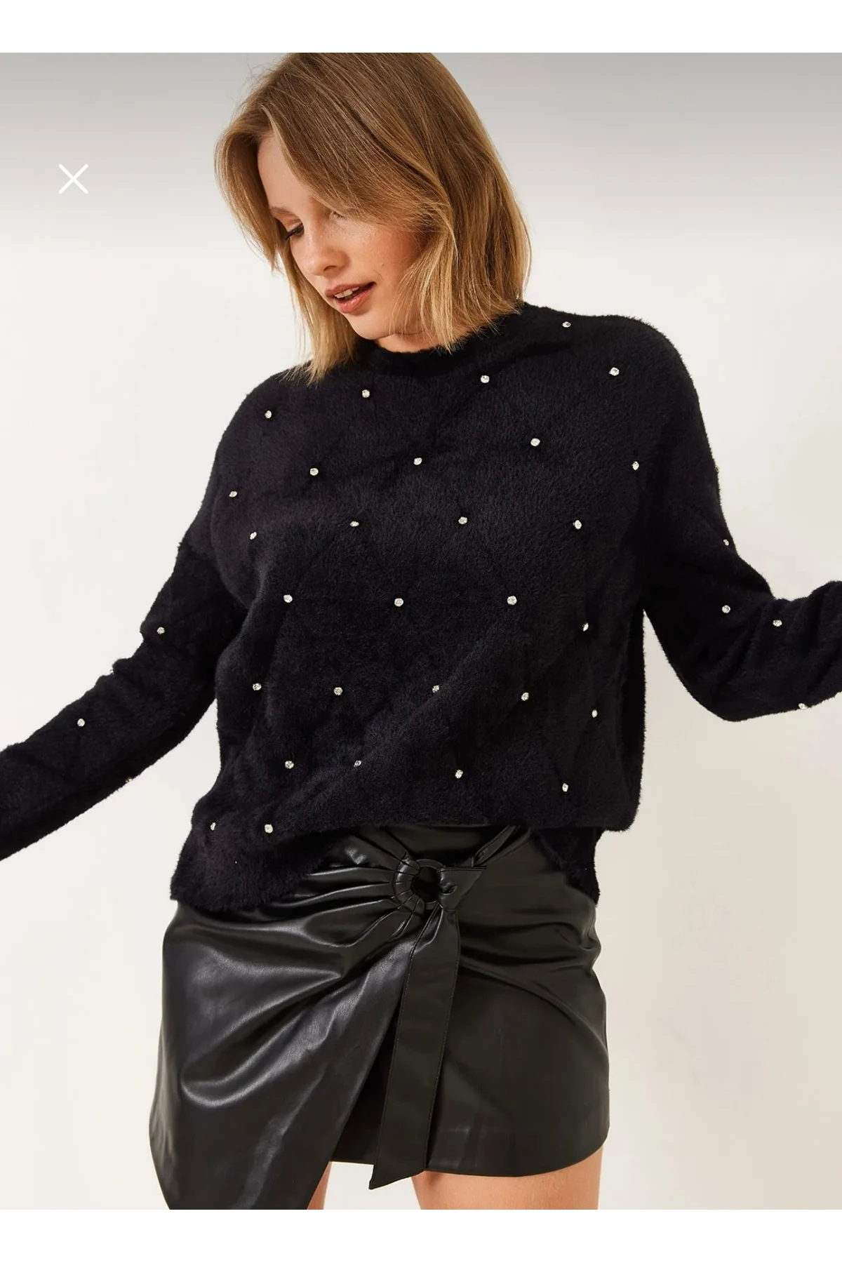 Kadın Taş Detaylı Bisiklet Yaka Triko Kazak