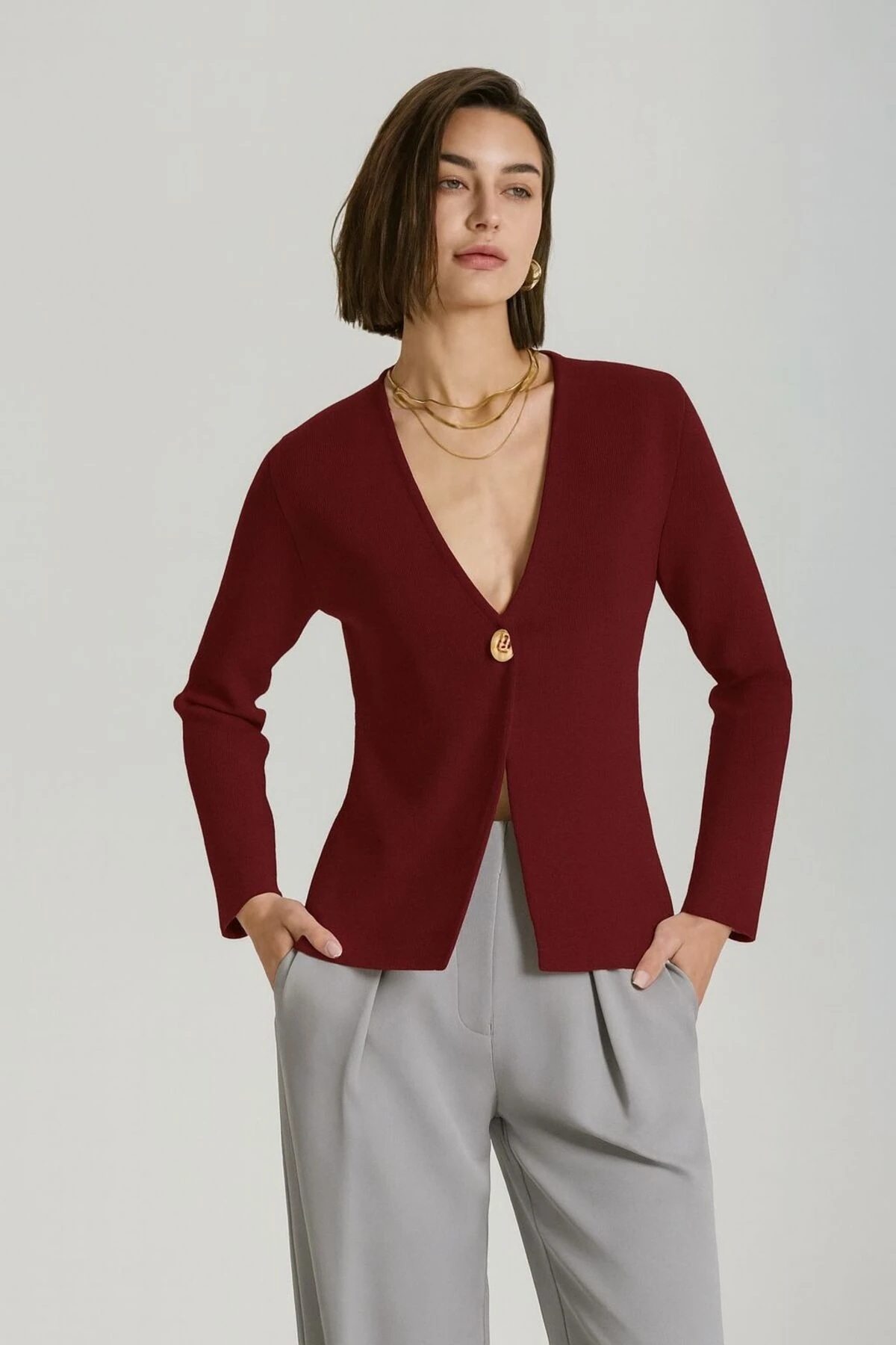 Kadın Bordo Tek Düğmeli Modern Triko Hırka