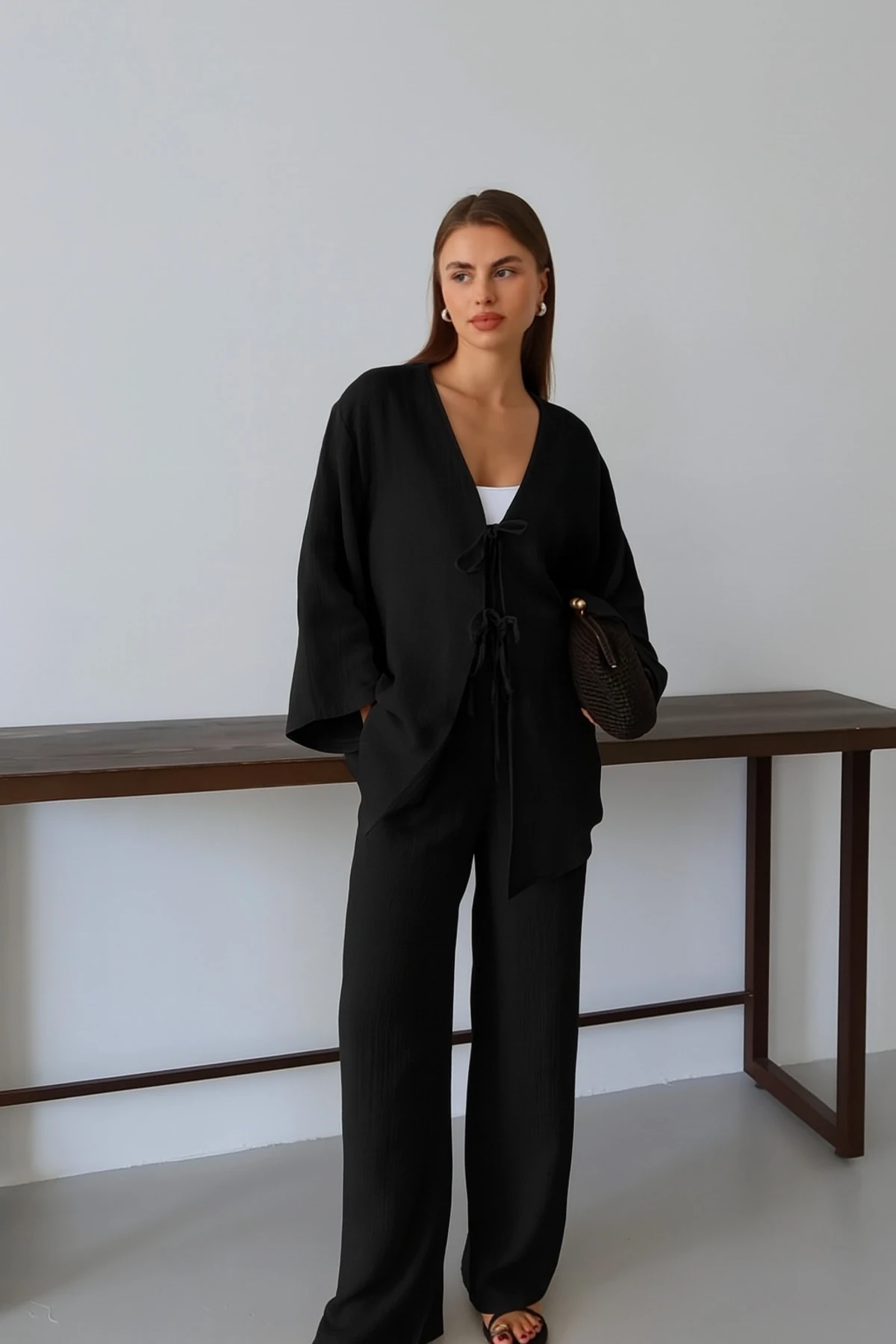 Kadın Keten Kimono-Pantolon Alt-Üst Takım