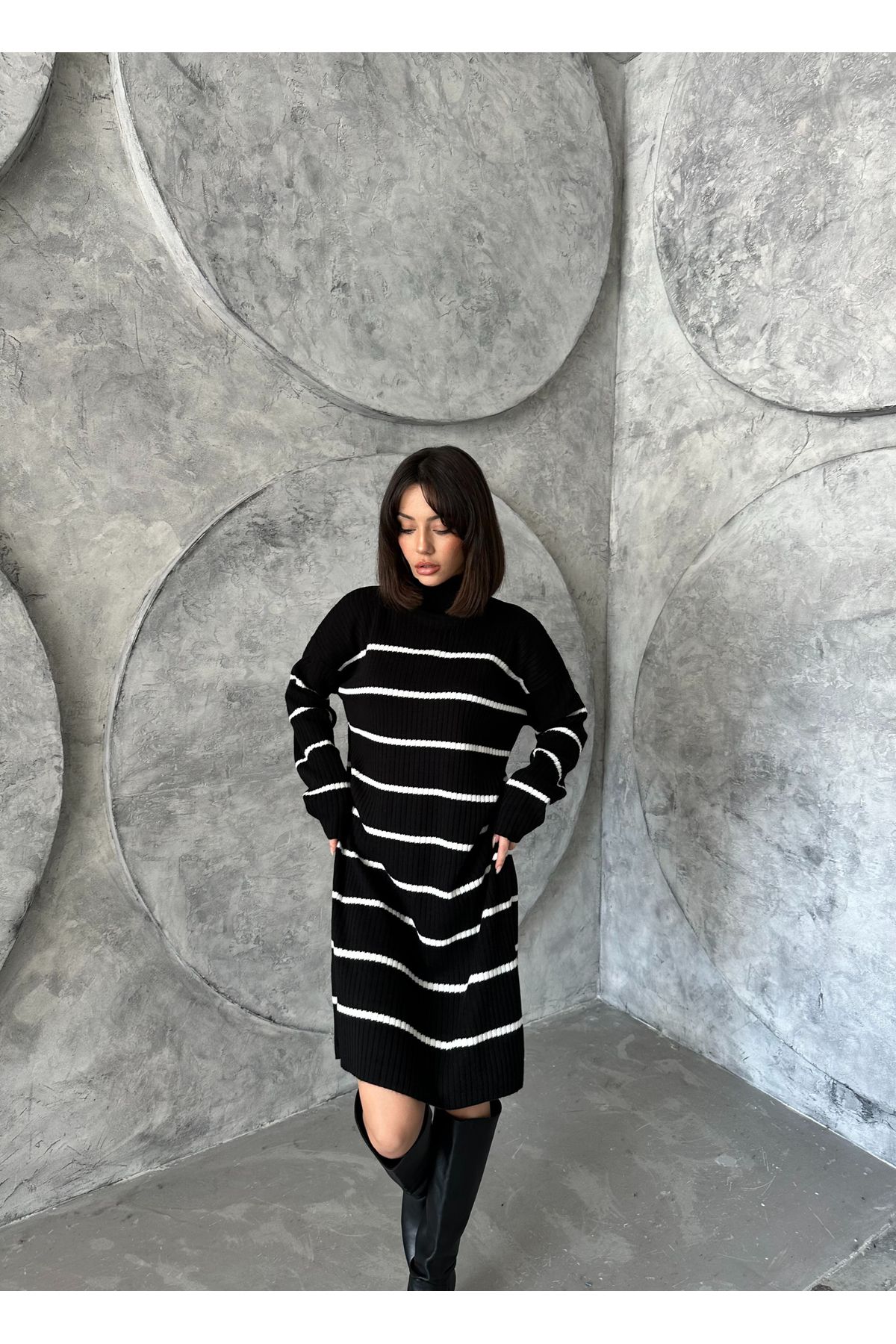 Kadın Çizgili Uzun Triko Elbise