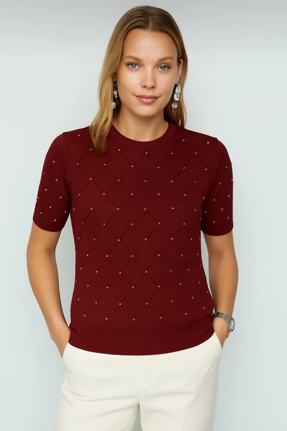 Kadın Kısa Kol Taşlı Triko T-shirt