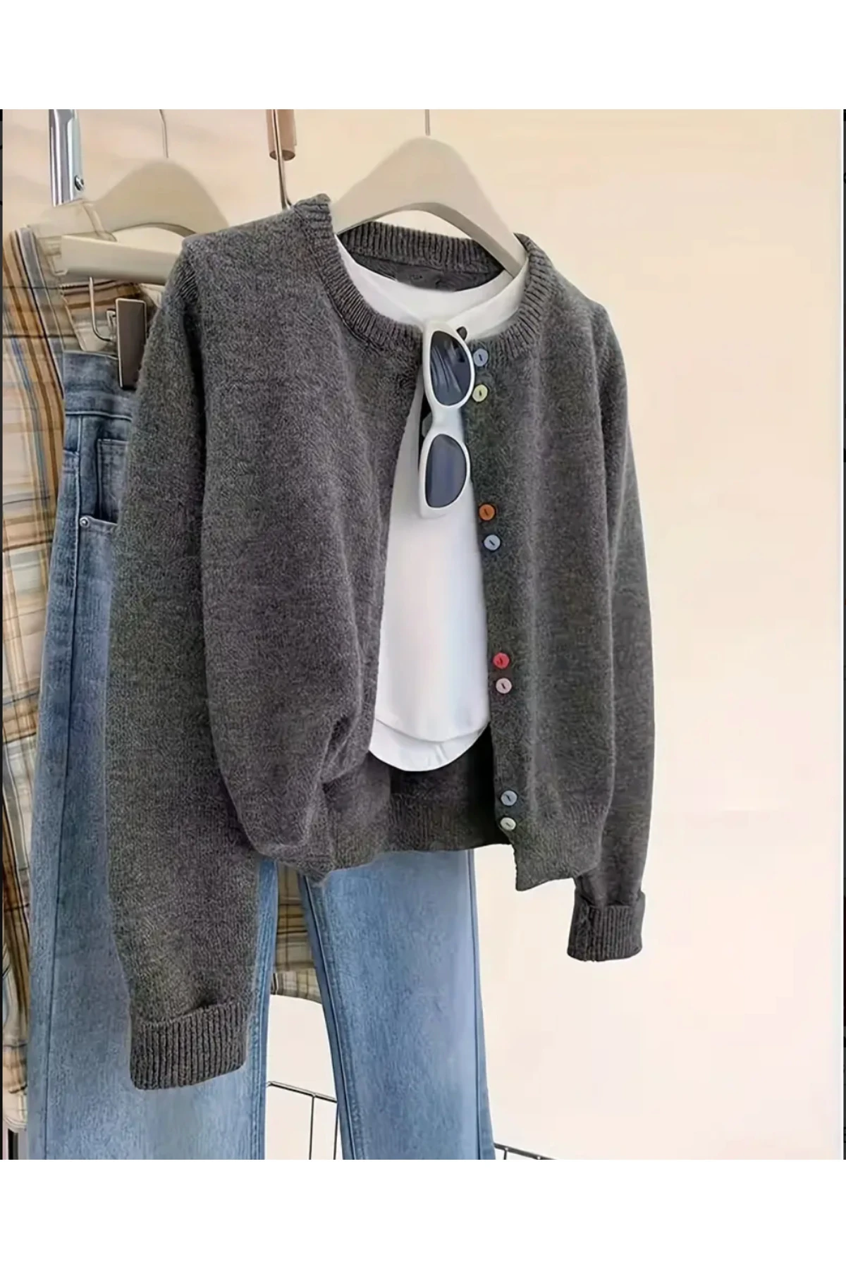 Kadın Antrasit Renkli Düğmeli Basic Triko Hırka