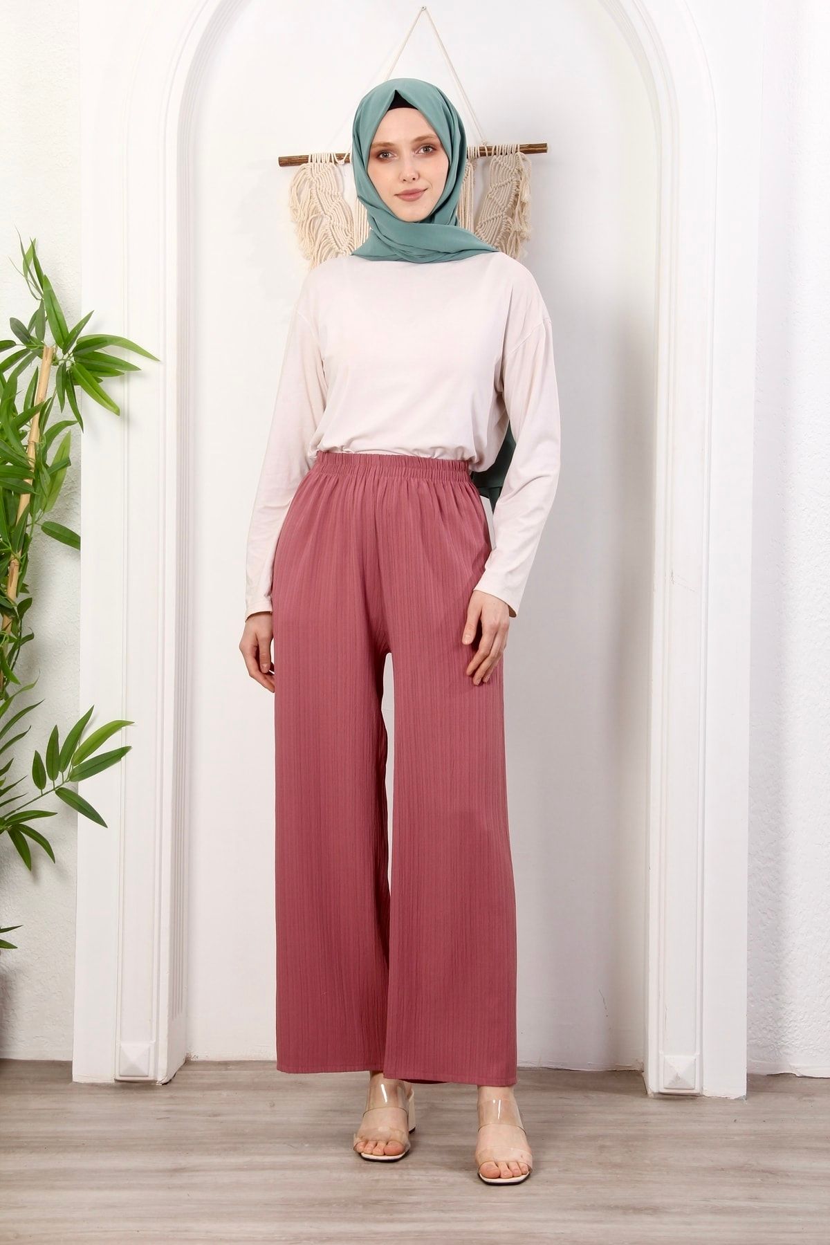 Beli Lastikli Etekli Pantolon Yazlık Rahat Geniş Gofre Kumaş - gül kurusu