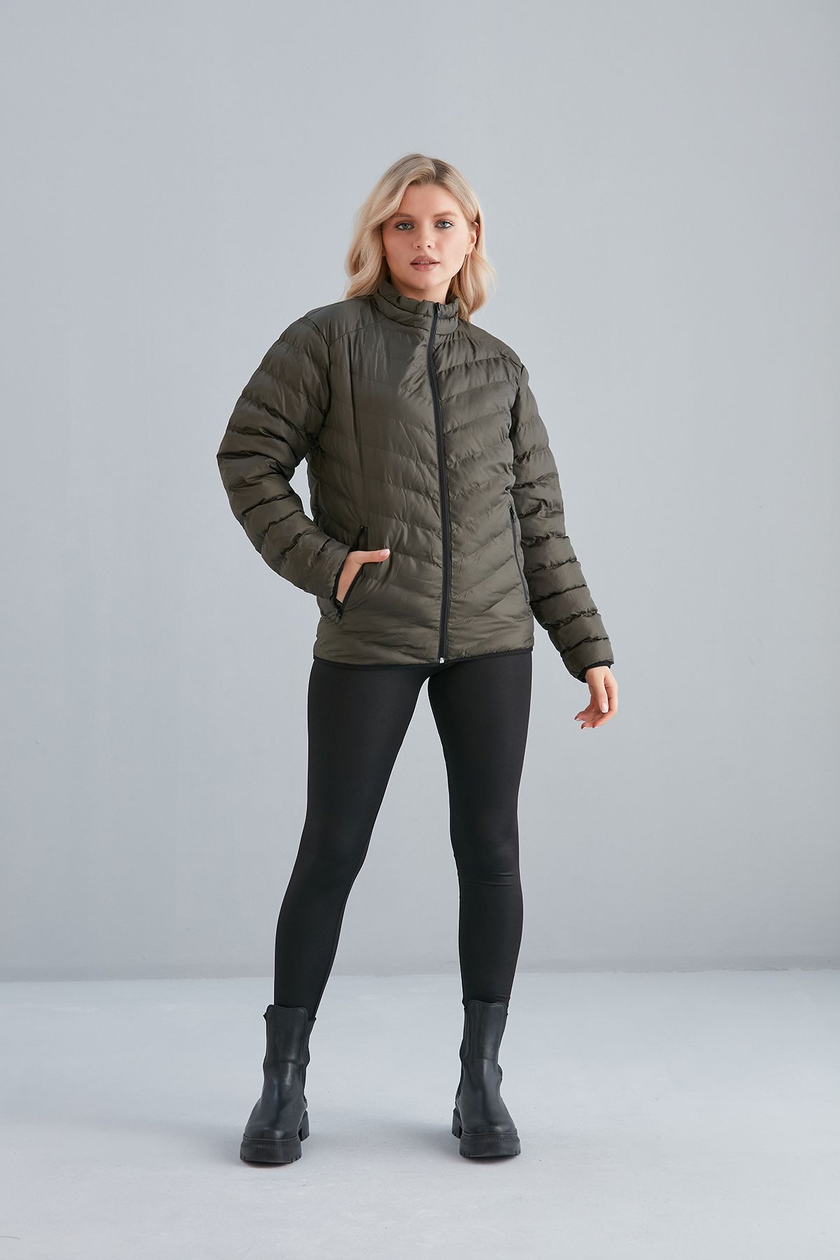 Kadın Haki Cepli Fermuarlı Şişme Mont İç Cepli - haki