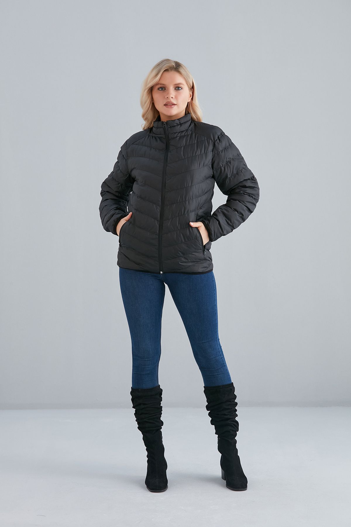 Kadın Haki Cepli Fermuarlı Şişme Mont İç Cepli - siyah