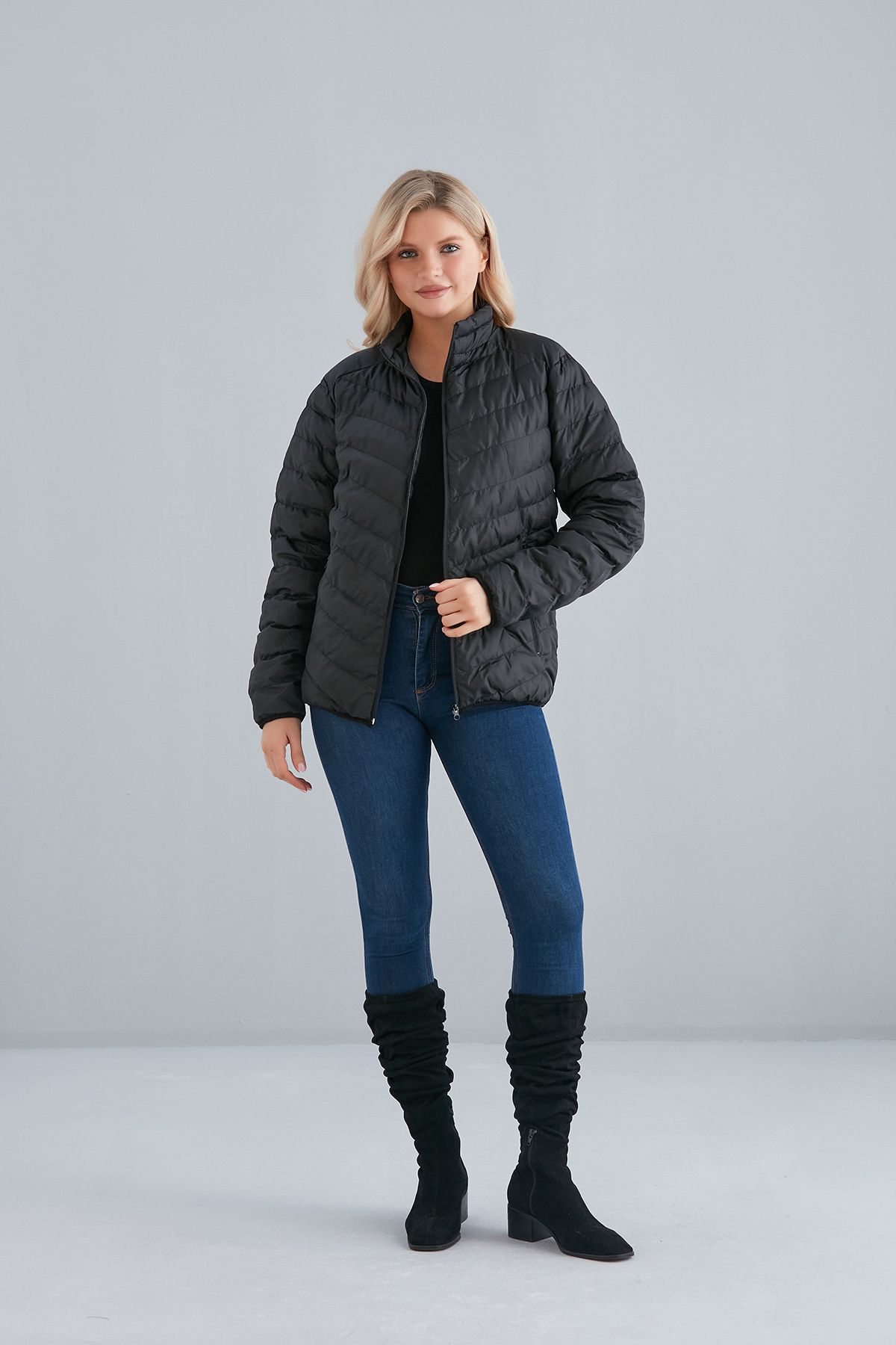 Kadın Haki Cepli Fermuarlı Şişme Mont İç Cepli - siyah