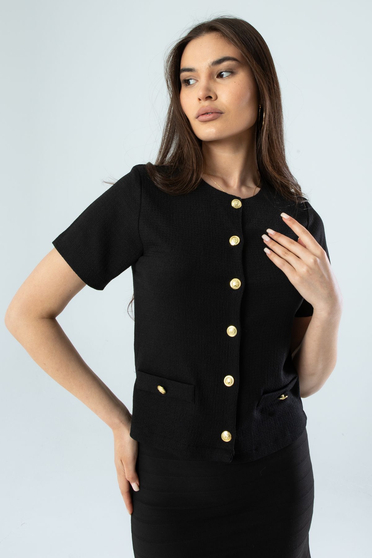 Beyaz Cep Detaylı Ceket Görünümlü Bürümcük Hırka - siyah