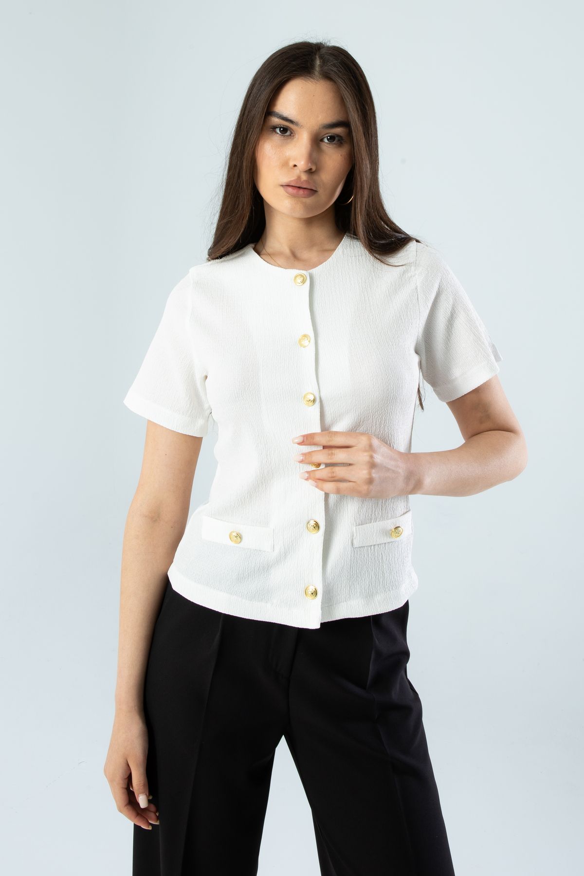 Beyaz Cep Detaylı Ceket Görünümlü Bürümcük Hırka - beyaz