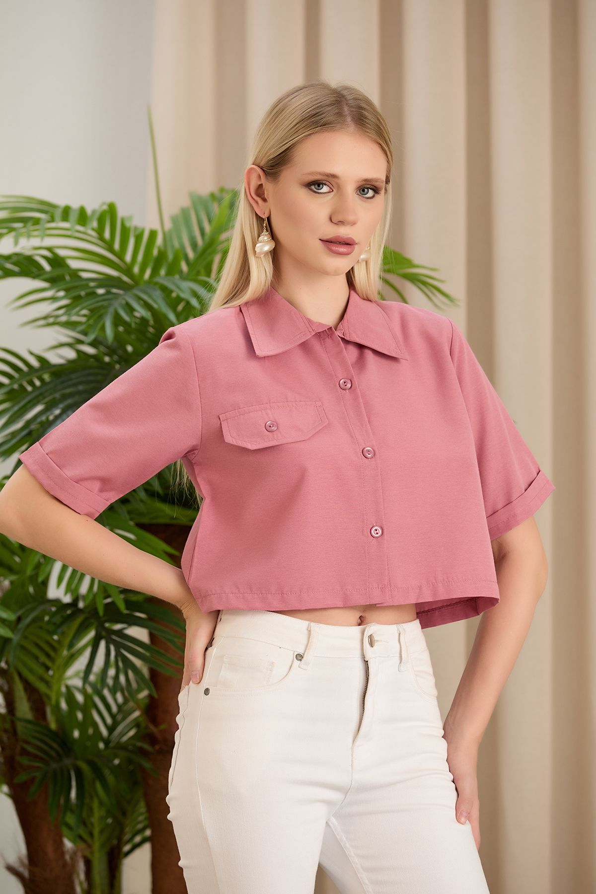 Kadın Beyaz Crop Terikoton Kumaş Düğmeli Kapaklı Gömlek - gül kurusu