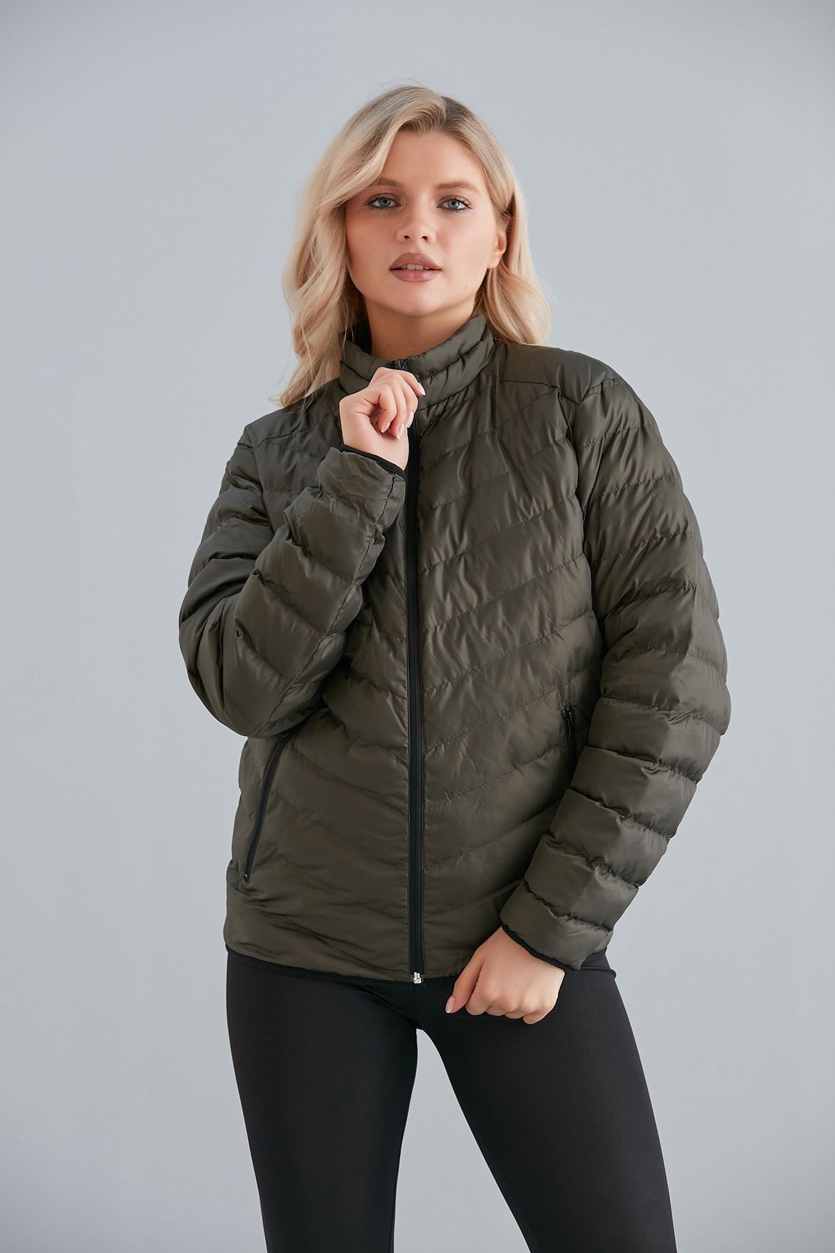 Kadın Haki Cepli Fermuarlı Şişme Mont İç Cepli - haki